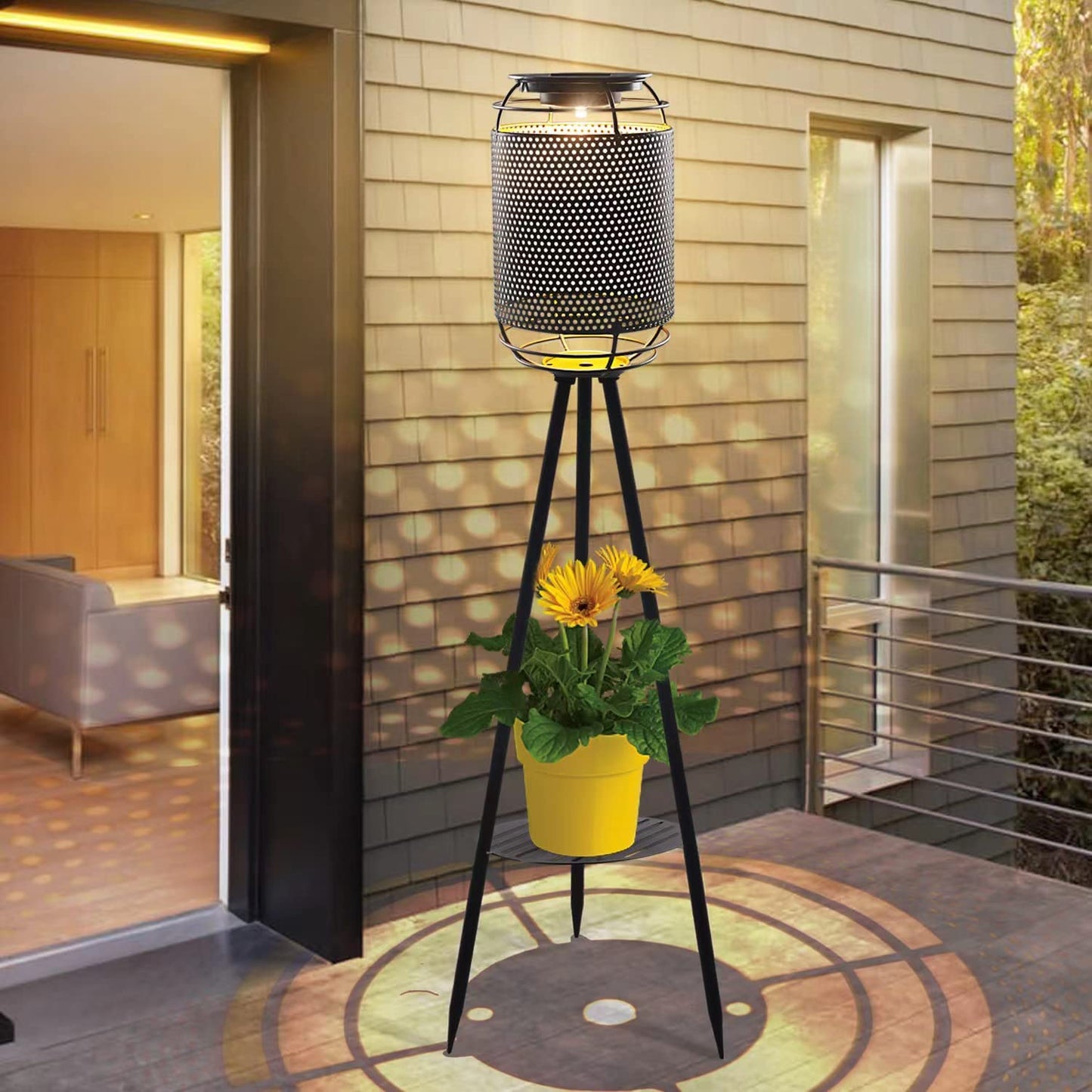 JJALIGHTS Lámpara solar de pie con tres patas, resistente al agua, LED, para patio, cubierta, césped, patio, jardín, camino (negro)