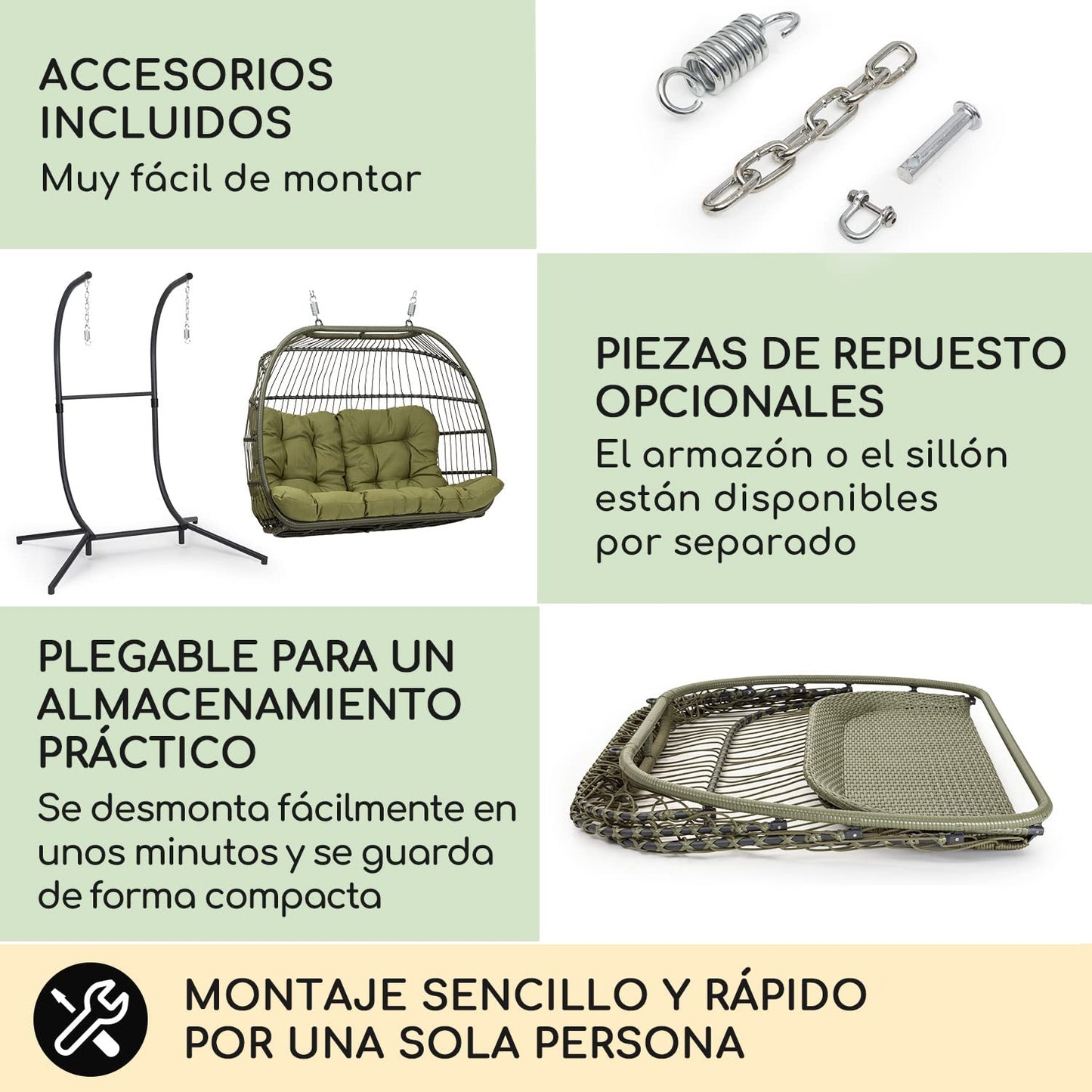 Blumfeldt Columpio Jardin Exterior Doble, Silla Colgante con Soporte para Colgar con Base para Jardín Patio y Dormitorio, Hamaca Colgante con 2 Cojines, Balancin Jardin Exterior Mimbre Resistente