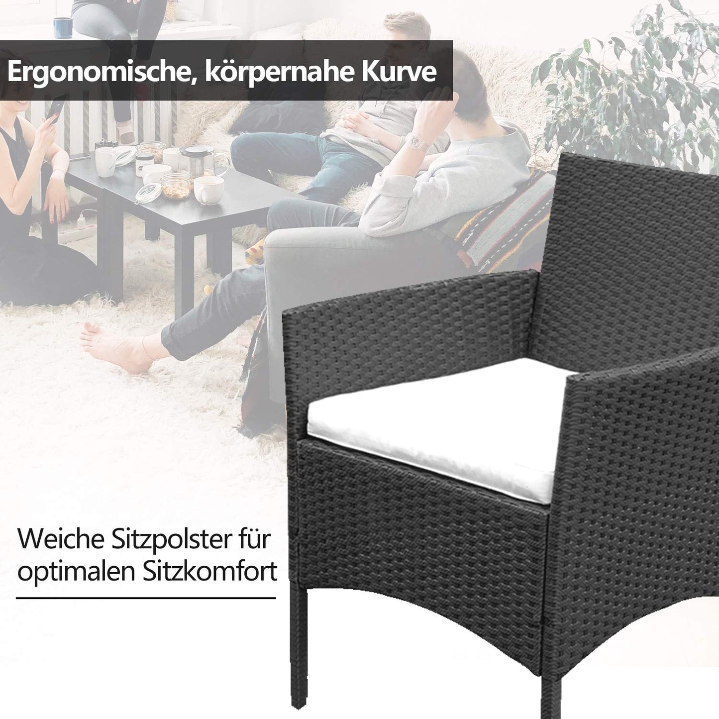 Izrielar Juego de Muebles de jardín de polirratán para balcón, Juego de Muebles de jardín con sofá, sillas Individuales, Mesa y cojín de Asiento, Muebles de terraza (Negro) (ZA4778-M-1z)