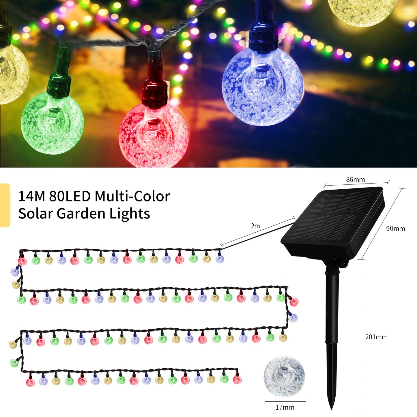 YzzYzz Guirnaldas Luces Exterior Solar 14M, 80 LED Cadena de Luces Solares para Exteriores, 8 Modos & Impermeable Luces Navidad Guirnalda LED para Terraza, Fiestas, Bodas, Patio, Jardines, Interior
