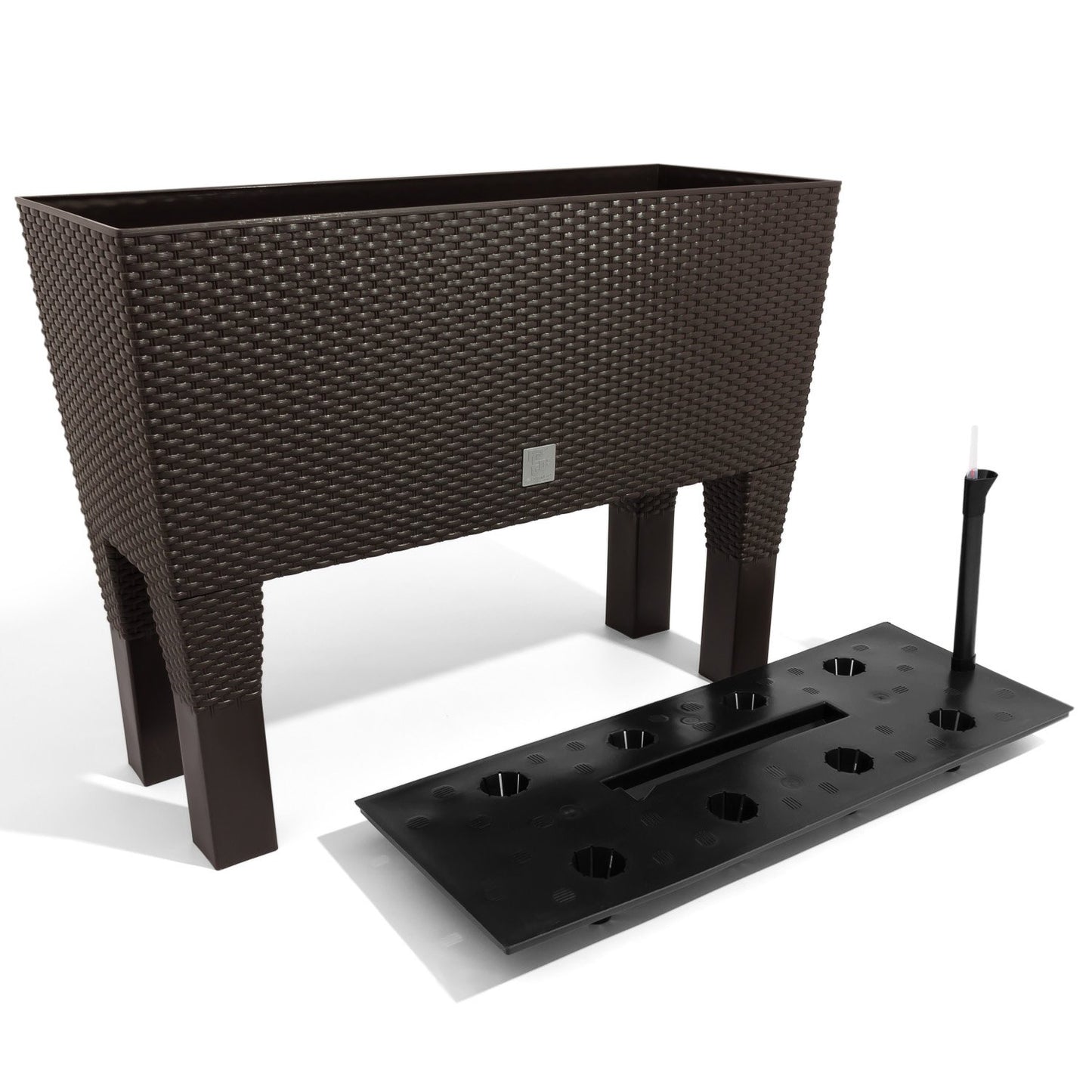 Jardinera alta rectangular 30 litros con autorriego color ocre oscuro 60 x 25 x 46 cm con patas