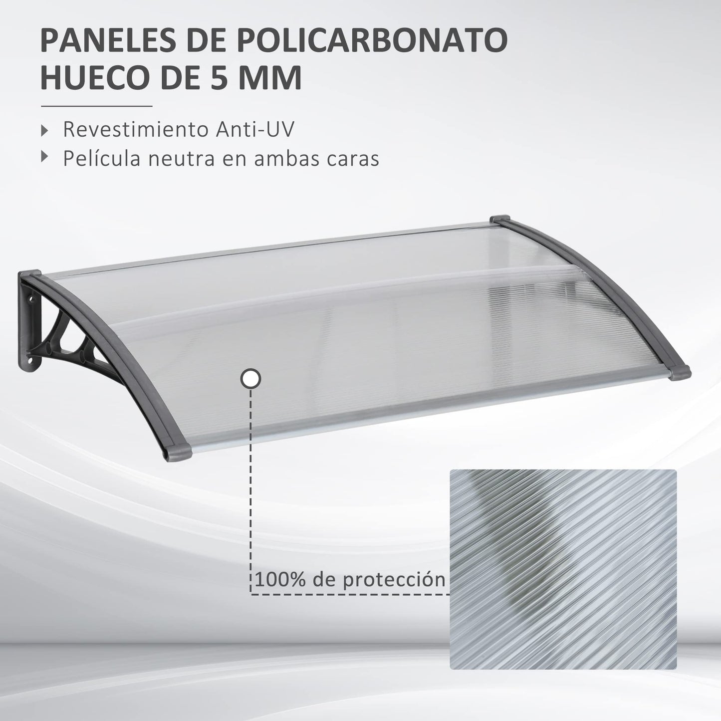 Outsunny Tejadillo de Protección 110x60 cm Marquesina Exterior para Puertas y Ventanas contra Sol y Lluvia con Soporte de PP Policarbonato Transparente