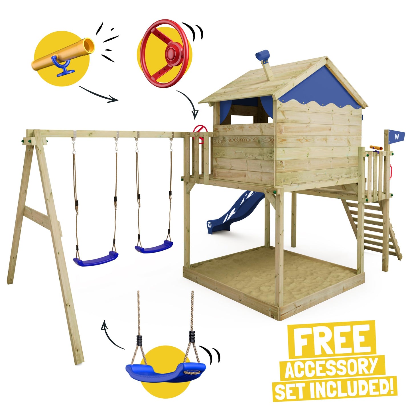 WICKEY Parque Infantil Smart Coast con Columpio y tobogán Rojo, Torre de Escalada Infantil de Exterior con arenero, Escalera y Accesorios de Juego para el jardín