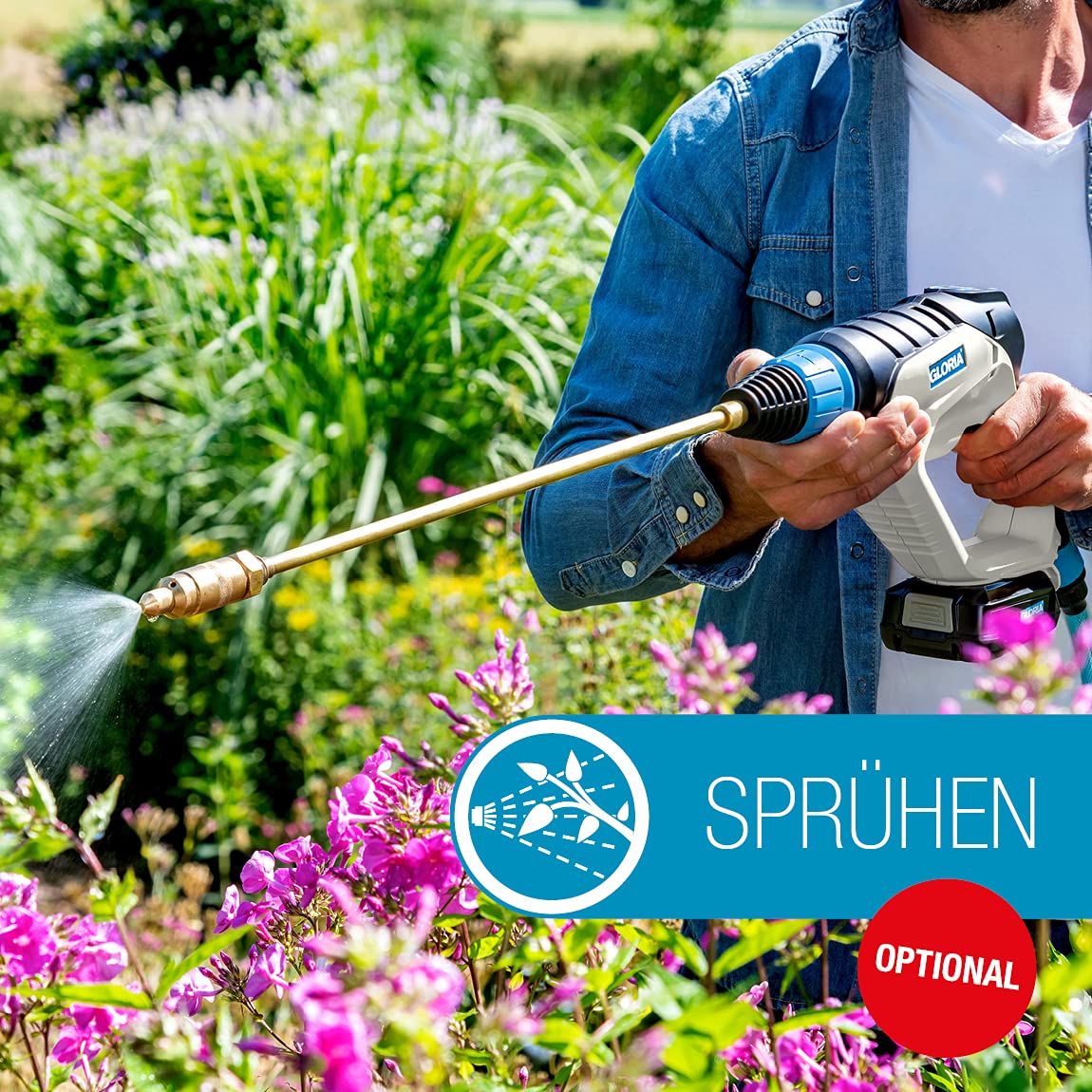 Gloria MultiJet 18 V - | Utilizable como Limpiador, Pistola de Espuma, pulverizador, Cepillo de Superficies | Boquilla 4 en 1, Lanza de 40 cm, Manguera de 5 m | Se Requiere batería Bosch 18 V