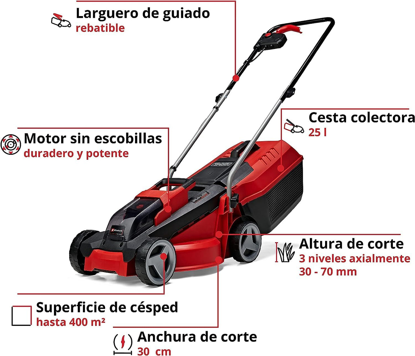 Einhell Cortacésped a batería GE-CM 18/30 Li Kit Power X-Change (18 V, 30 cm ancho de corte, hasta 150 m², Brushless, 25L bolsa recolectora, 30-70 mm altura de corte, con 3,0 Ah batería y cargador)