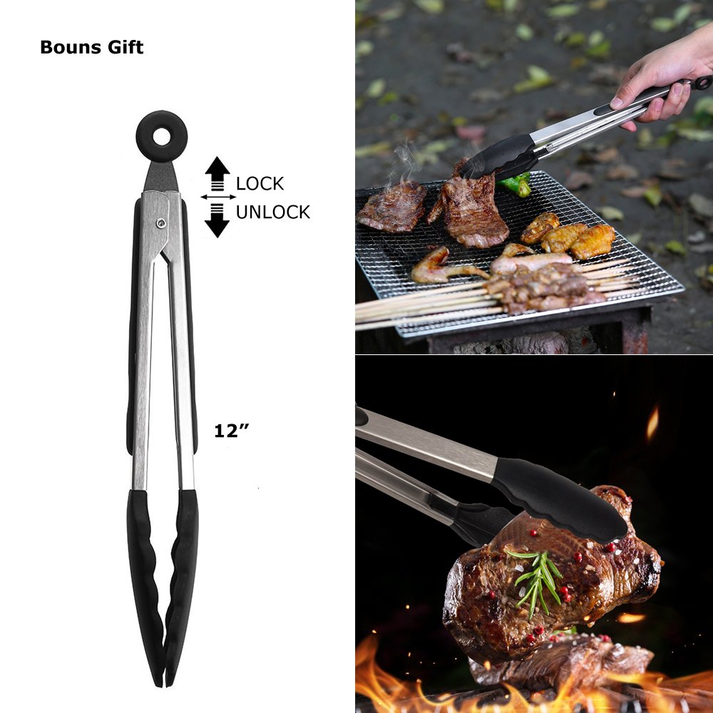 Set de 5 alfombrillas Beeway para barbacoa, bandejas antiadherentes para barbacoa de carbón, gas o eléctrica, resistentes al calor, reutilizables y fáciles de limpiar, aprobadas por la FDA; incluye pinzas de 30.5 cm para barbacoa