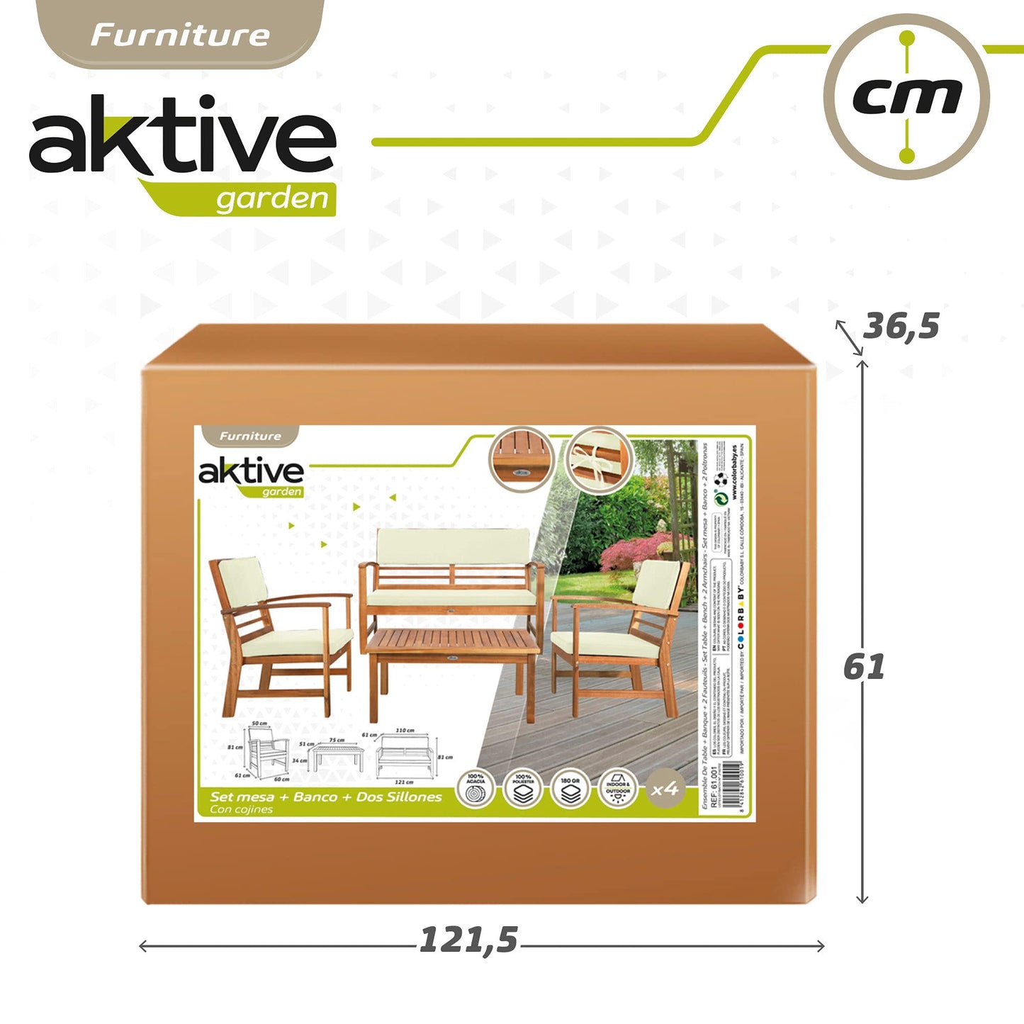 Aktive 61001 - Conjunto muebles de jardín, Conjunto muebles de madera, Muebles jardín, 1 mesa, 2 sillas, 1 banco, cojines color beige, Madera de acacia