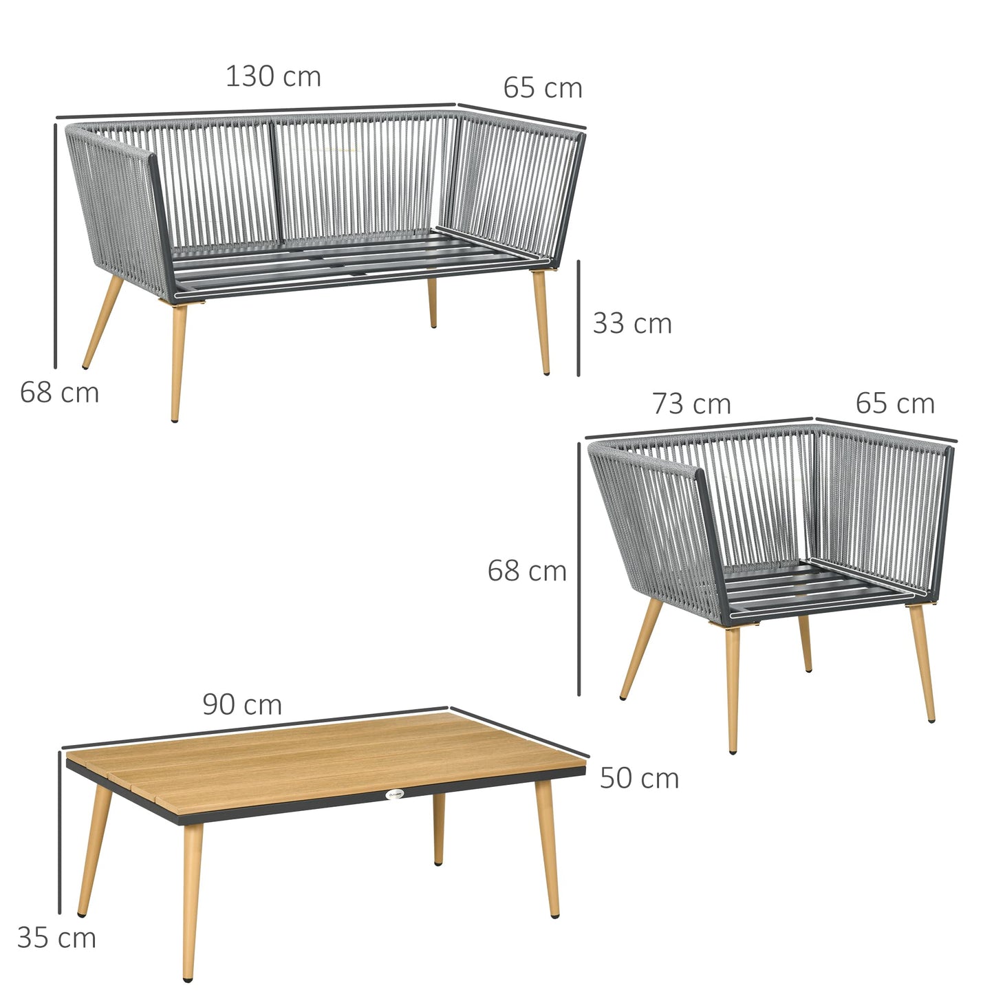Outsunny Juego de Muebles de Jardín de Ratán 4 Piezas Juego de Conversación Incluye Sofá de 2 Plazas 2 Sillones y Mesa de Centro de Tablero de Madera y Plástico Cojines para Terraza Patio Gris