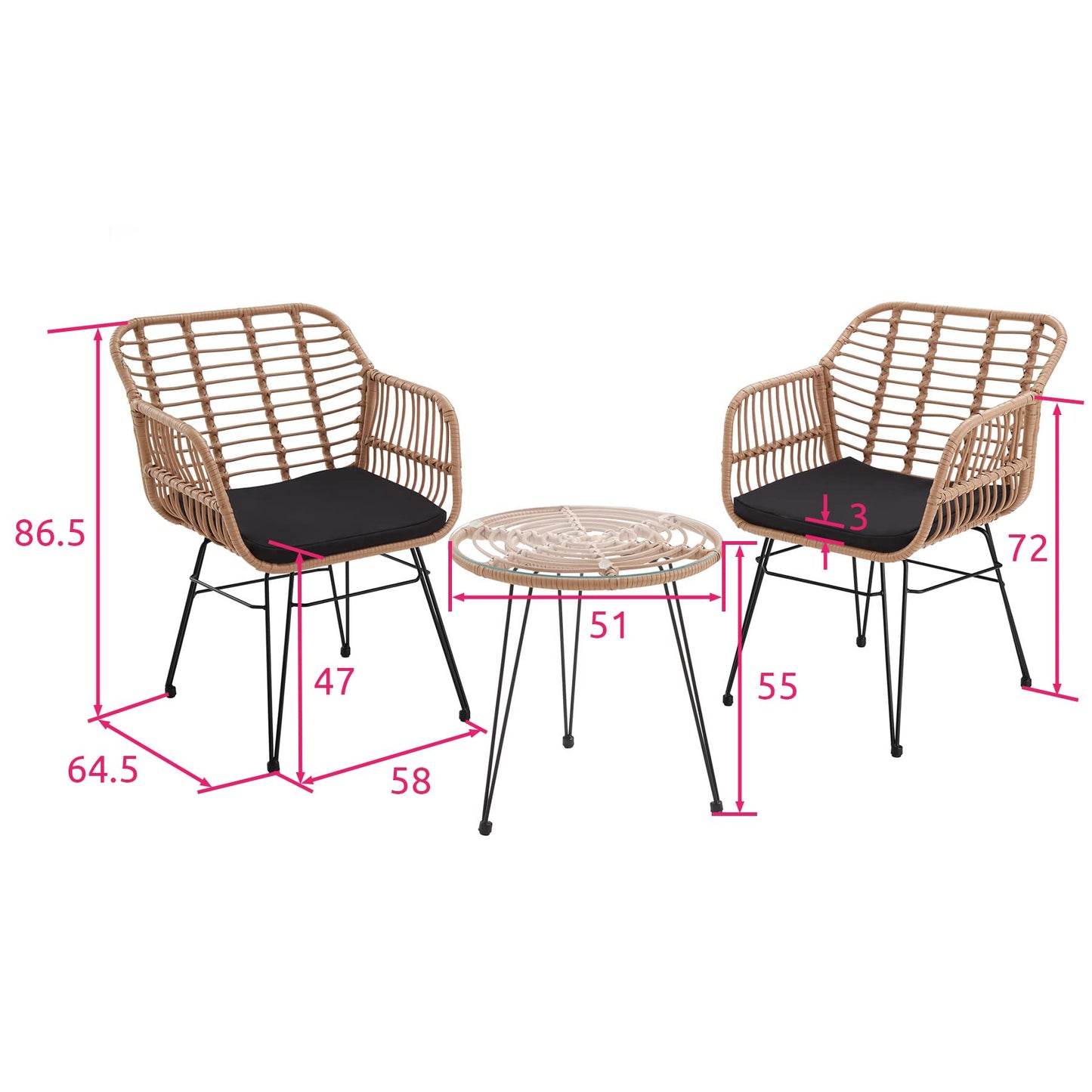 TecTake® Conjunto Jardín Exterior de Ratán y Acero para 2 Personas, Muebles Jardín Exterior Resistentes a Intemperie, 2 Sillas con Cojines (Fundas Extraíbles), 1 Mesa con Cristal - Natural