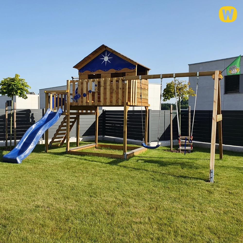 WICKEY Parque Infantil Smart Coast con Columpio y tobogán Rojo, Torre de Escalada Infantil de Exterior con arenero, Escalera y Accesorios de Juego para el jardín