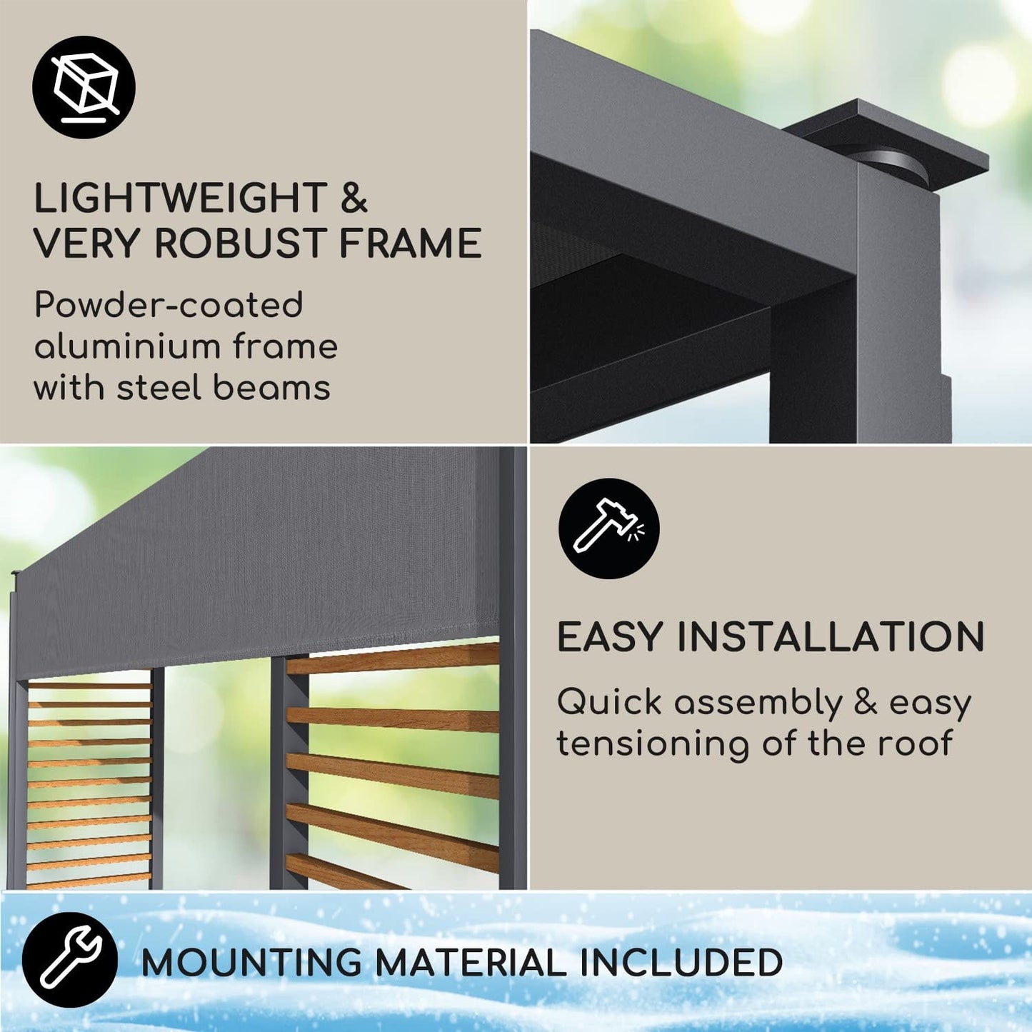 blumfeldt Carpa Jardin 3 x 3 m, Cenador para Jardin con Listones de Madera, Tamaño Grande y Resistente al Agua y Aire, Cenadores para Jardin 1,5W, Pergola de Diseño con Luces Solares LED, UV50+