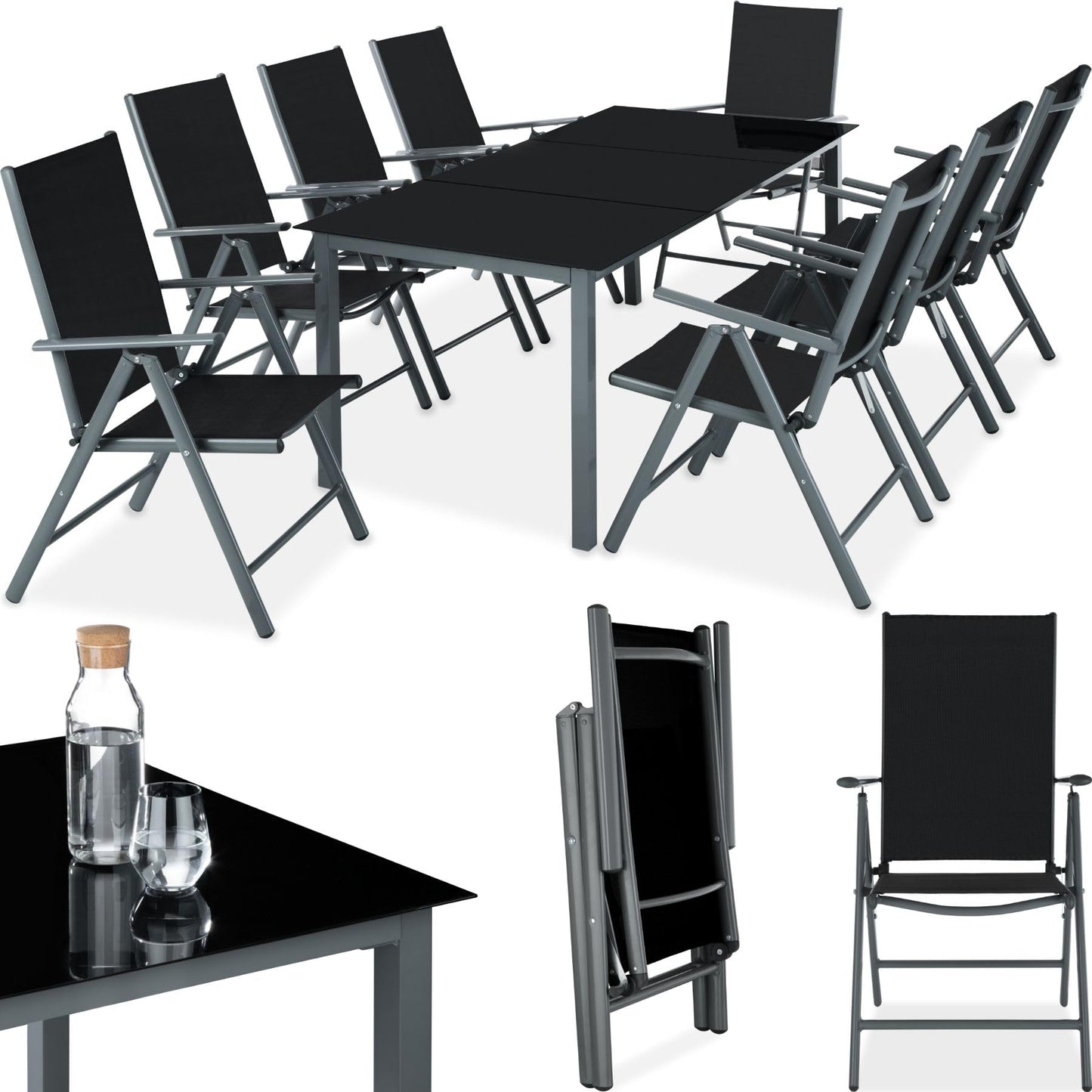 TecTake® Conjunto Muebles Jardín Exterior 9 Piezas, Estructura de Aluminio, Mesa y Sillas Terraza Impermeables, Resistentes a Intemperie, Sillas Plegables y Reclinables, Tela Transpirable - Plata