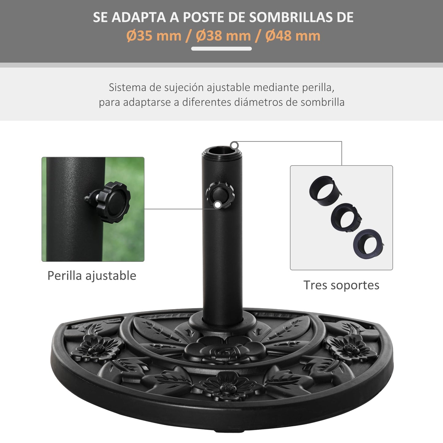 Outsunny Base para Sombrilla Semicircular Peso 9 kg Soporte Parasol de Jardín Apto para Mástil de 35mm/38mm/48mm Relleno de Cemento para Terraza Patio 50x32x32 cm Negro
