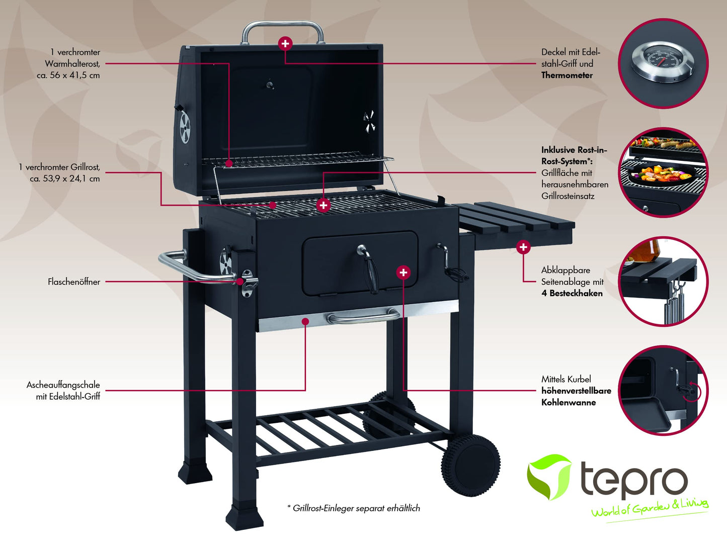 Tepro Toronto Click - Barbacoa de carbón, antracita y acero inoxidable