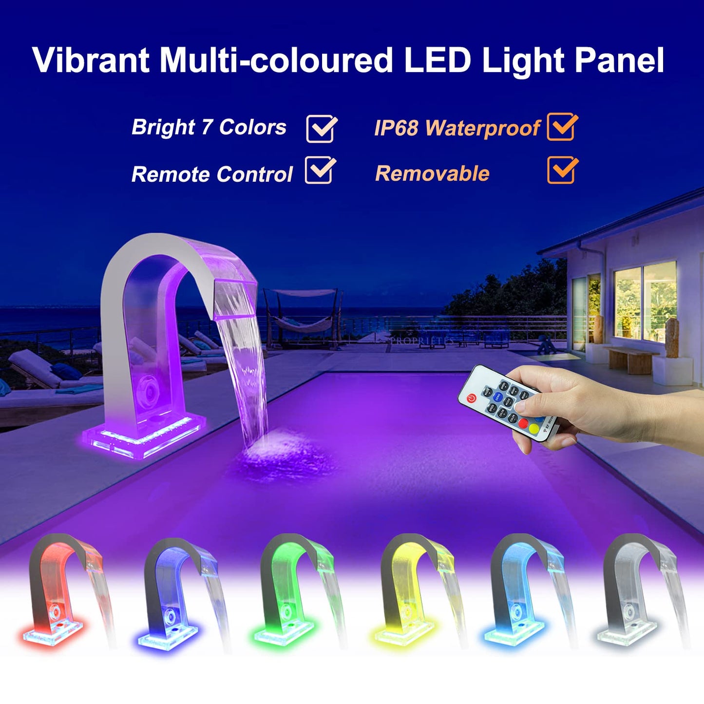 LONGRUN Aliviadero de Cascada en Forma de S Fuente de Piscina acrílica con luz LED Que Cambia de Color, Kit de cascadas de estanques al Aire Libre para Piscina de Patio de jardín - 15x32x20cm