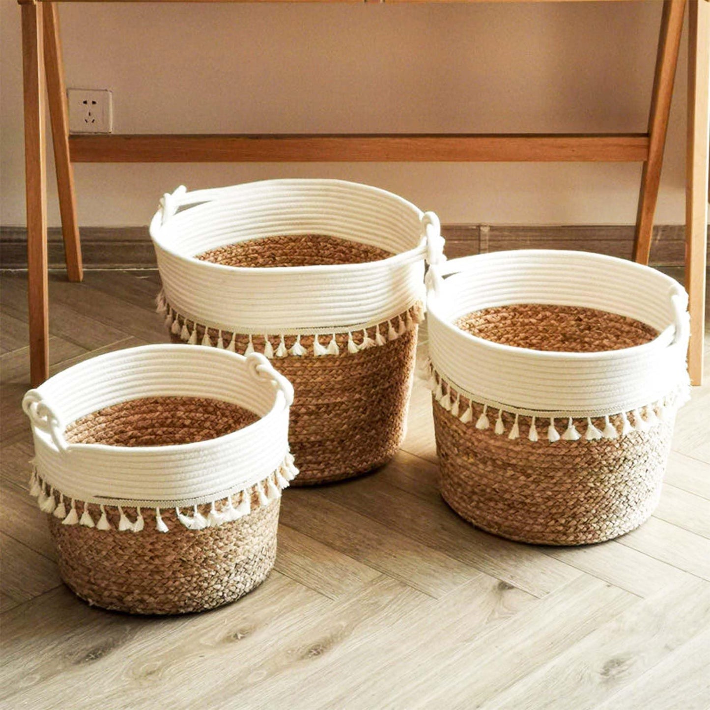 KMERCE 3pcs Cesta para Plantas, Macetero Mimbre, Macetas Decorativas Interior y Exterior, Cesto de jardín Seagrass con Asas, Cesta de Almacenamiento, Diámetro18cm,22cm,26cm