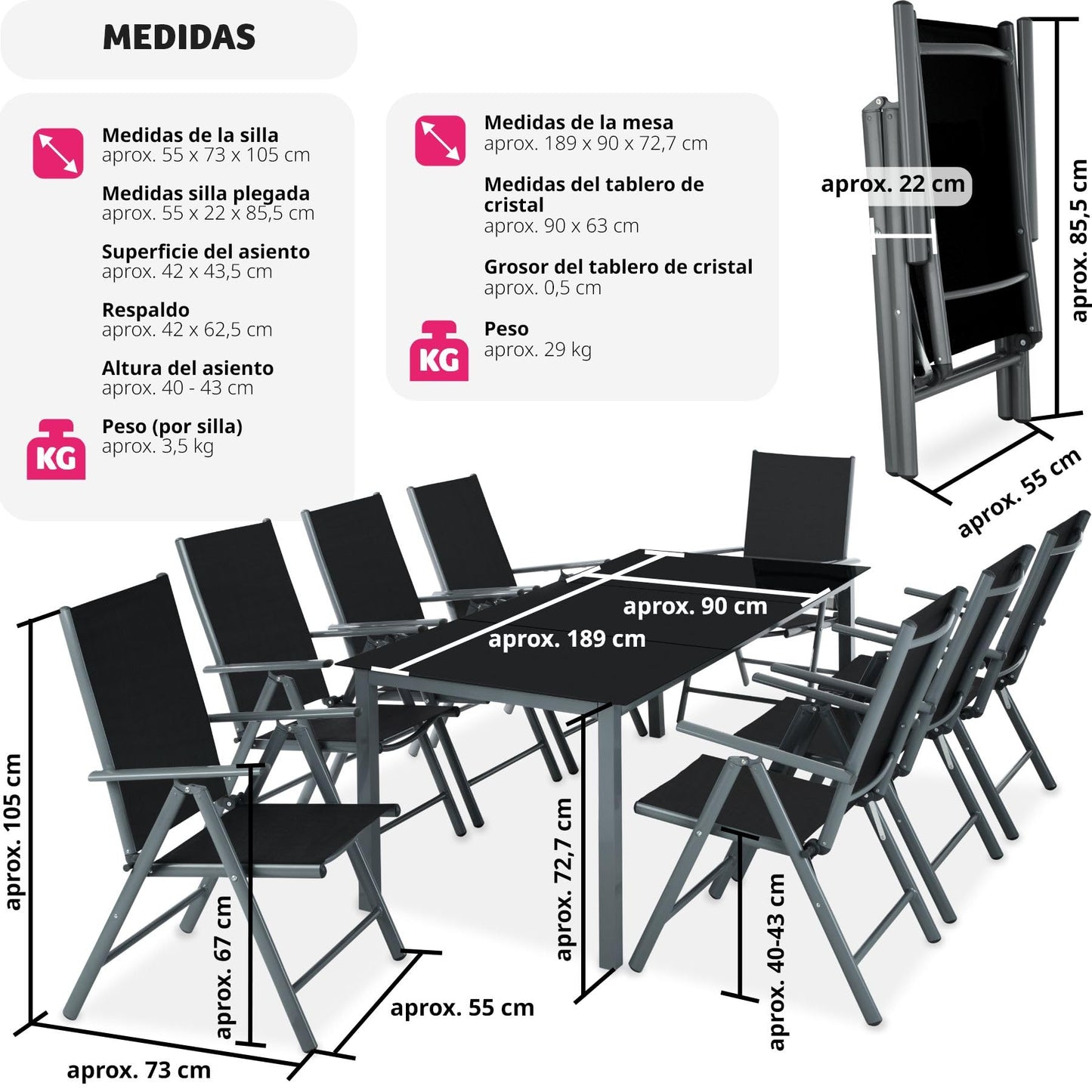 TecTake® Conjunto Muebles Jardín Exterior 9 Piezas, Estructura de Aluminio, Mesa y Sillas Terraza Impermeables, Resistentes a Intemperie, Sillas Plegables y Reclinables, Tela Transpirable - Plata