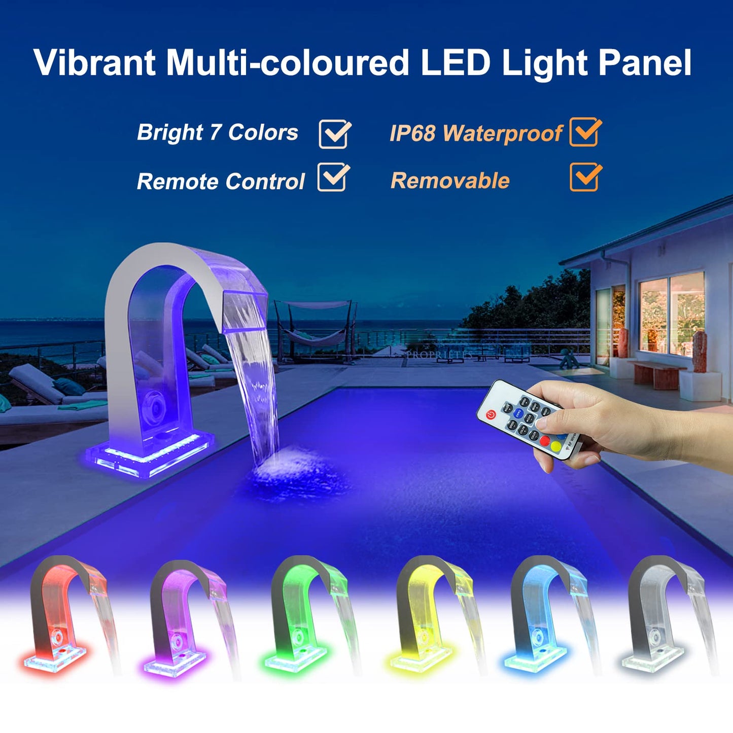 LONGRUN Aliviadero de Cascada en Forma de S Fuente de Piscina acrílica con luz LED Que Cambia de Color, Kit de cascadas de estanques al Aire Libre para Piscina de Patio de jardín - 19x42.5x25cm