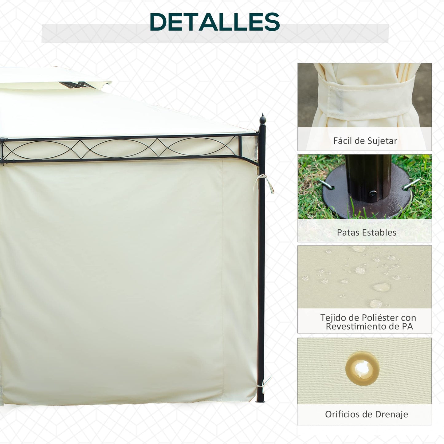 Outsunny Cenador de Jardín 4x3m Pabellón con Techo Doble Transpirable y 4 Cortinas Laterales Extraíbles Carpa de Acero Anti-UV Gazebo para Fiestas Bodas Eventos al Aire Libre Crema
