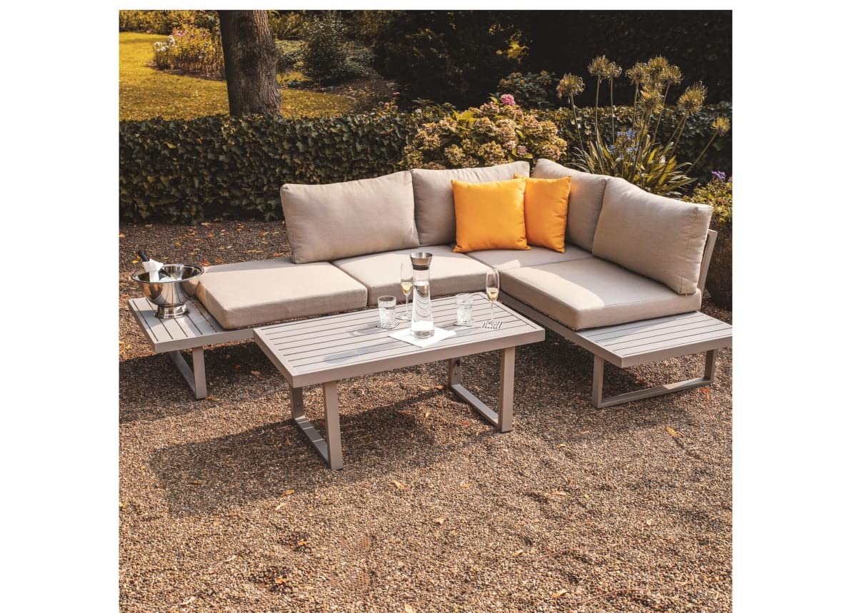 Greemotion Conjunto Muebles de Jardín Aruba 3 Piezas, Juego de Sofá Esquinero de Aluminio para 4 Personas con Mesa, Cojines Incluidos, Gris