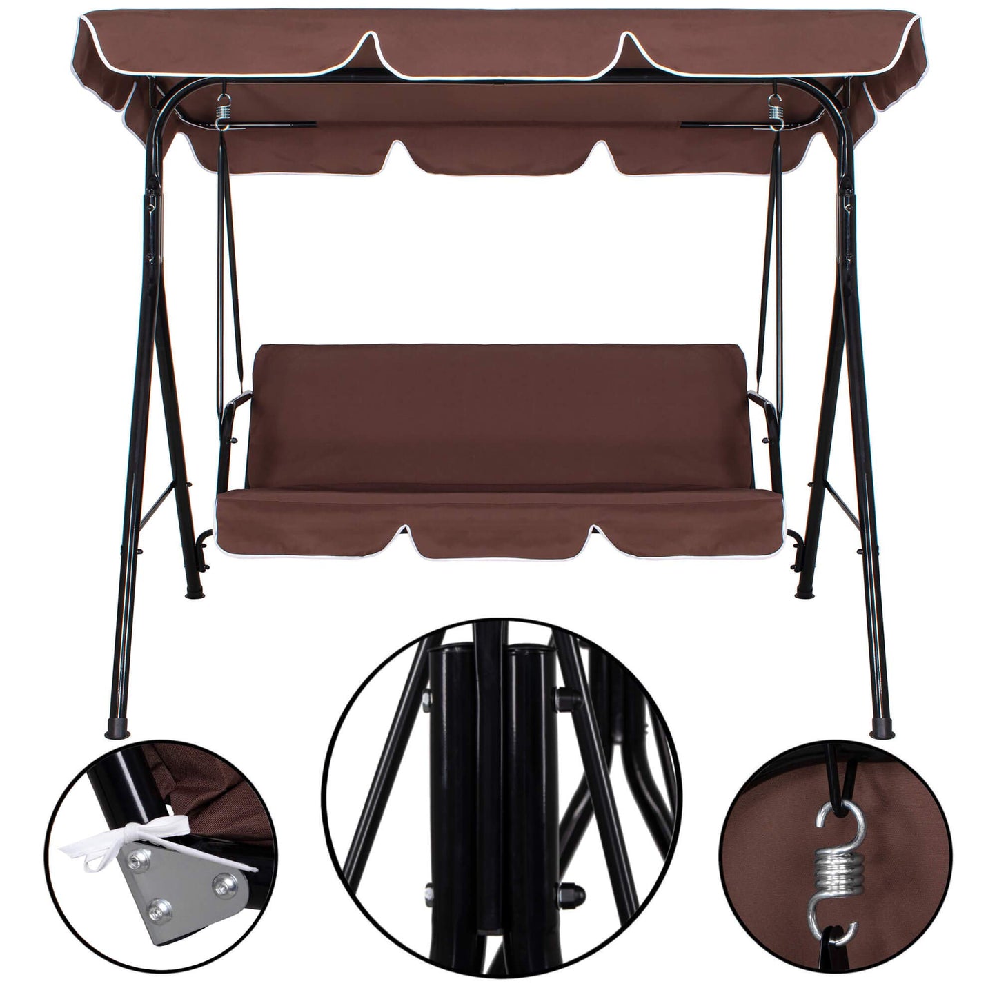 Springos Luna - Columpio de jardín con toldo, banco del columpio para 3 personas, alto x ancho x profundidad: 150 x 170 x 110 cm, color marrón