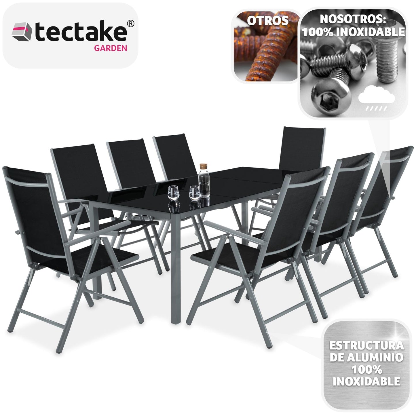 TecTake® Conjunto Muebles Jardín Exterior 9 Piezas, Estructura de Aluminio, Mesa y Sillas Terraza Impermeables, Resistentes a Intemperie, Sillas Plegables y Reclinables, Tela Transpirable - Plata