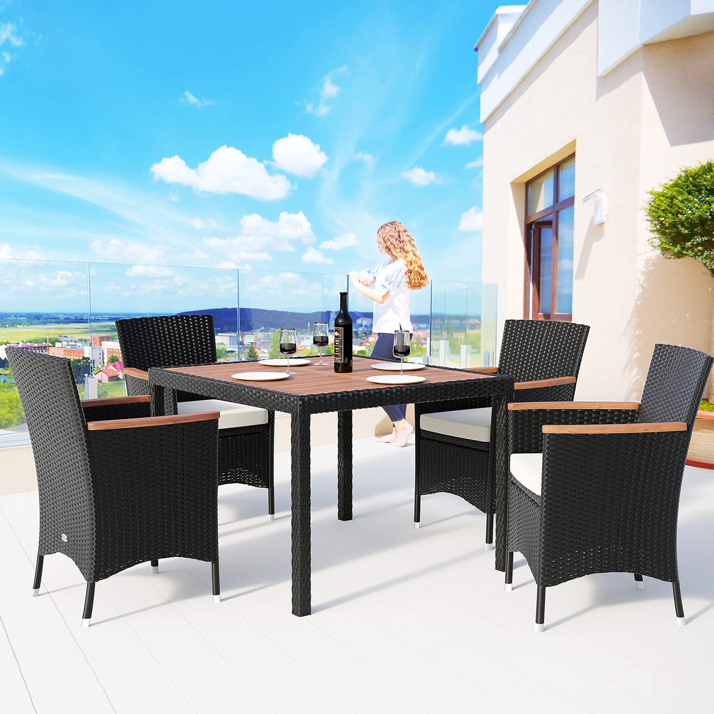 Deuba Conjunto de jardín Verona Set de una Mesa y sillas apilables de poliratán 4+1 Muebles Exterior