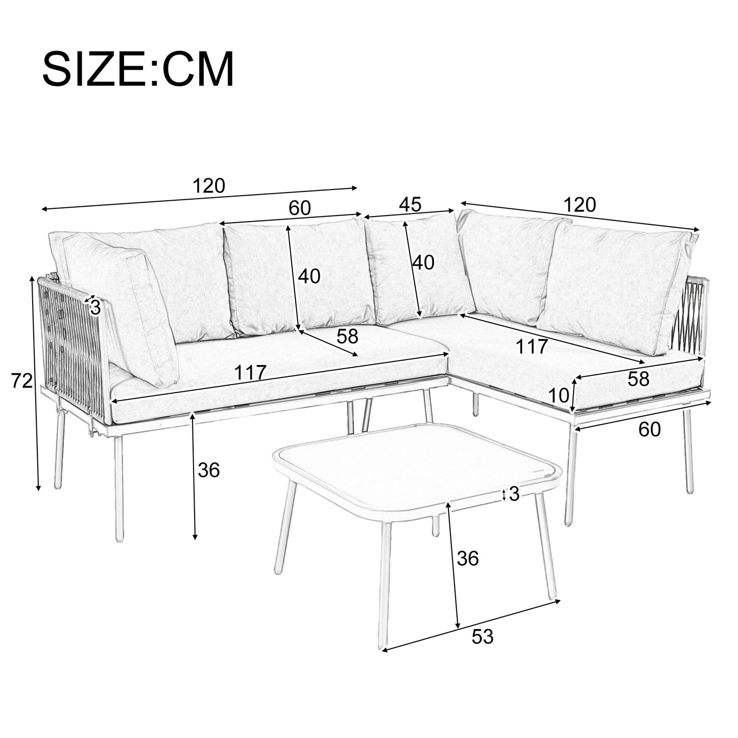 Racxily Juego de muebles de jardín, 2 sofás y 1 mesa, muebles de jardín, de hierro, con cojín de asiento, patas ajustables, verde