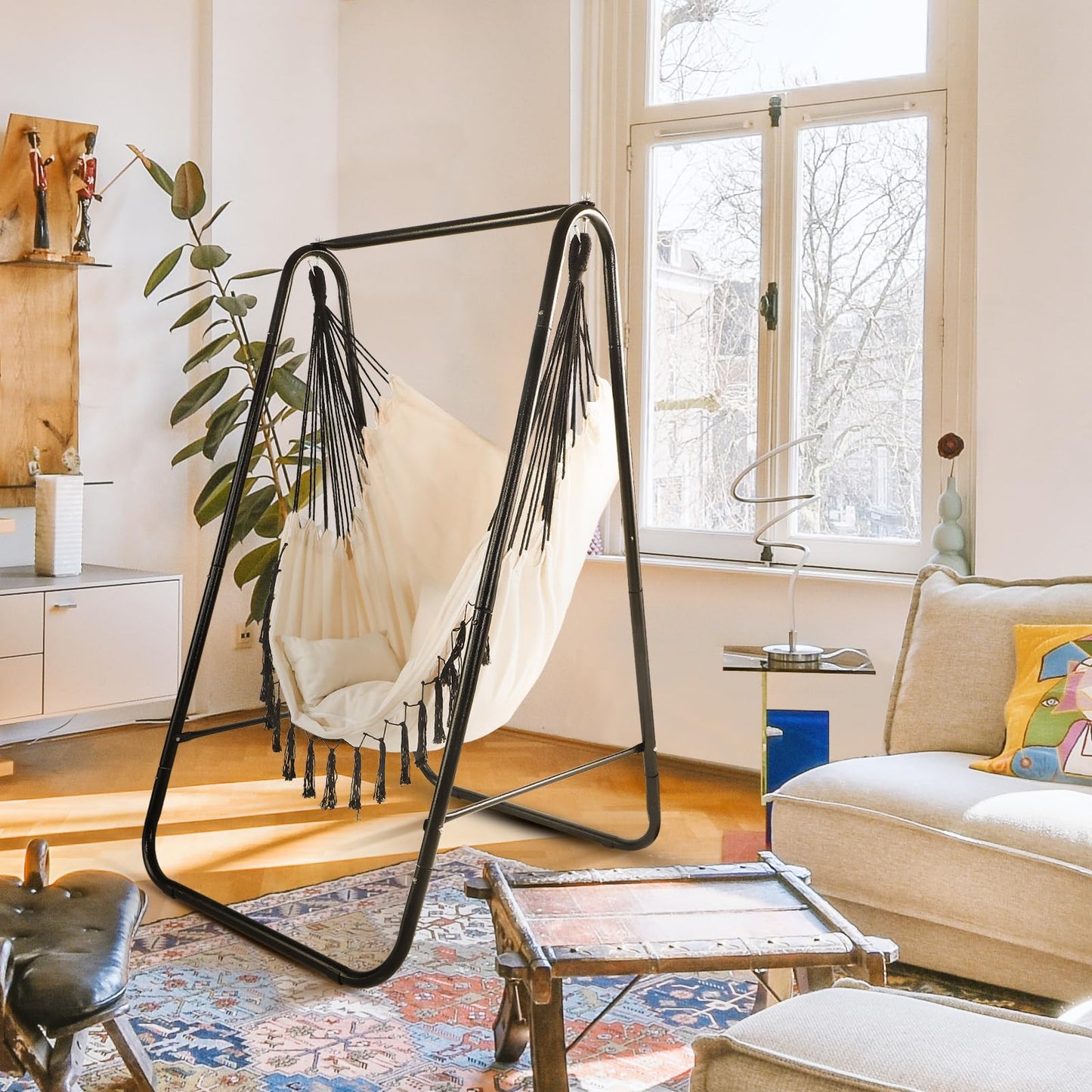 CCLIFE Silla Hamaca Colgante con Soporte, Columpio con Conjines, Carga Máxima 100 kg, para Interior y Exterior Beige