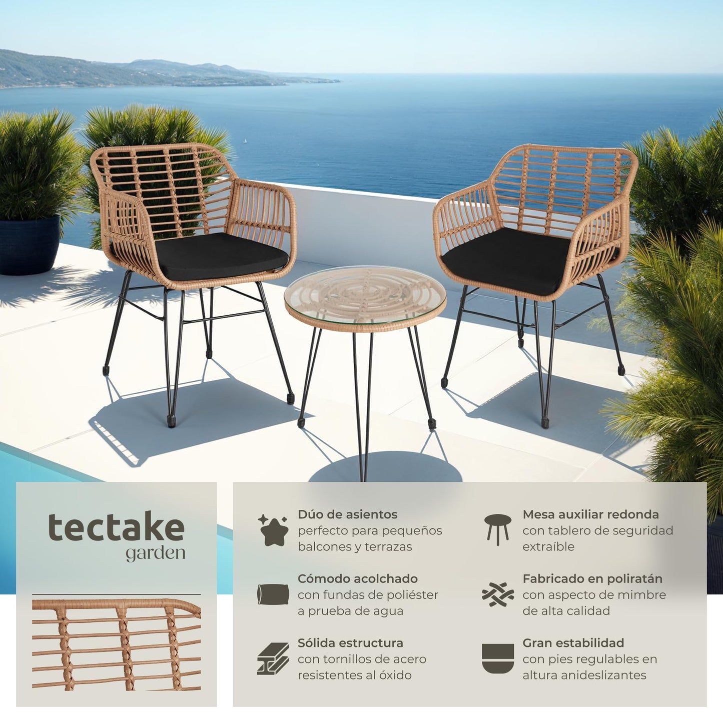 TecTake® Conjunto Jardín Exterior de Ratán y Acero para 2 Personas, Muebles Jardín Exterior Resistentes a Intemperie, 2 Sillas con Cojines (Fundas Extraíbles), 1 Mesa con Cristal - Natural