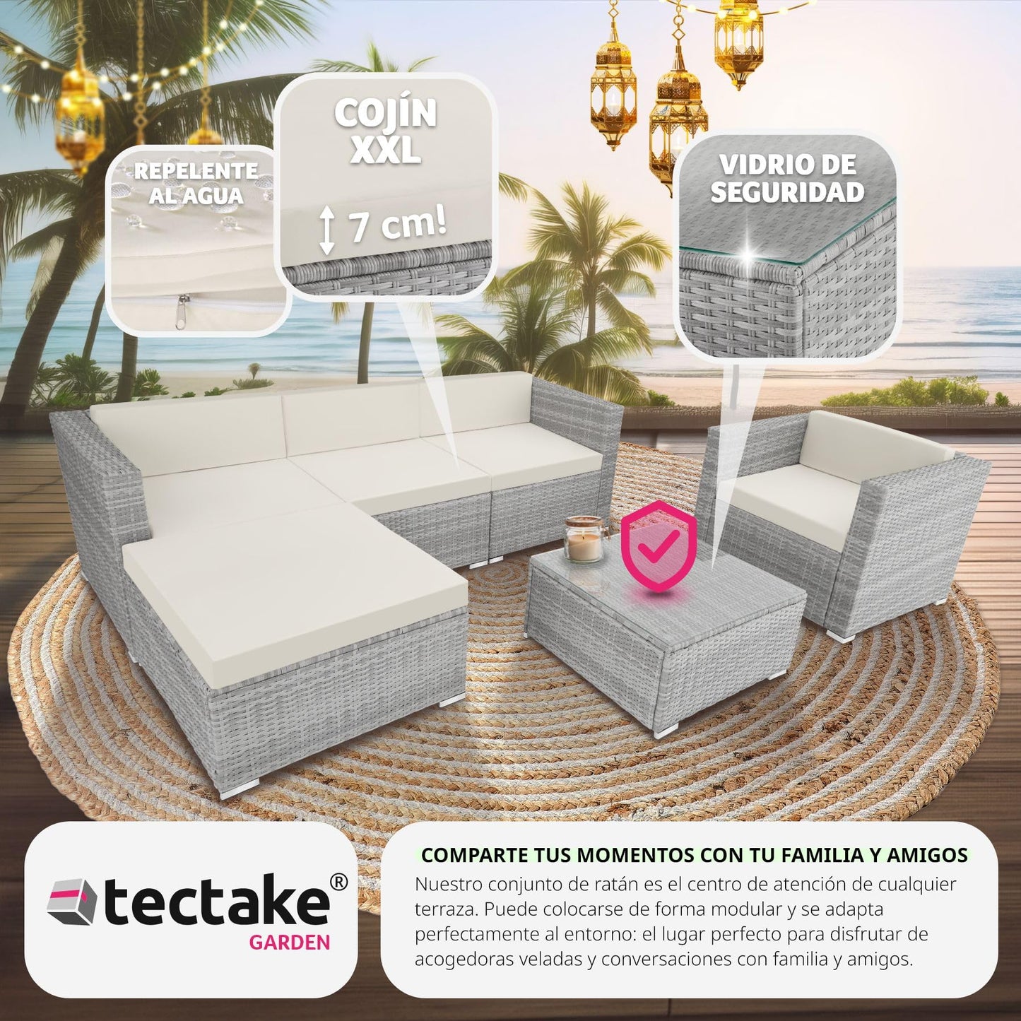 TecTake® Conjunto Jardín de Ratán, Muebles Jardín Exterior 4 Sillones, 1 Mesa Cristal, 1 Sillón Puf, Conjunto Terraza Resistente a la Intemperie, con Cojines, Modular, Estructura en Acero - Gris Claro