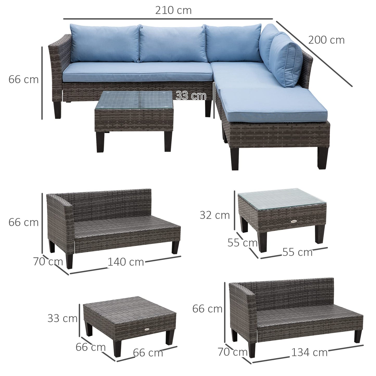 Outsunny Conjunto de Jardín de Ratán Sintético de 4 Piezas Muebles de Jardín con 2 Sofás de 2 Plazas 1 Mesa de Centro y Cojines Anti-UV para Patio Terraza Gris y Azul