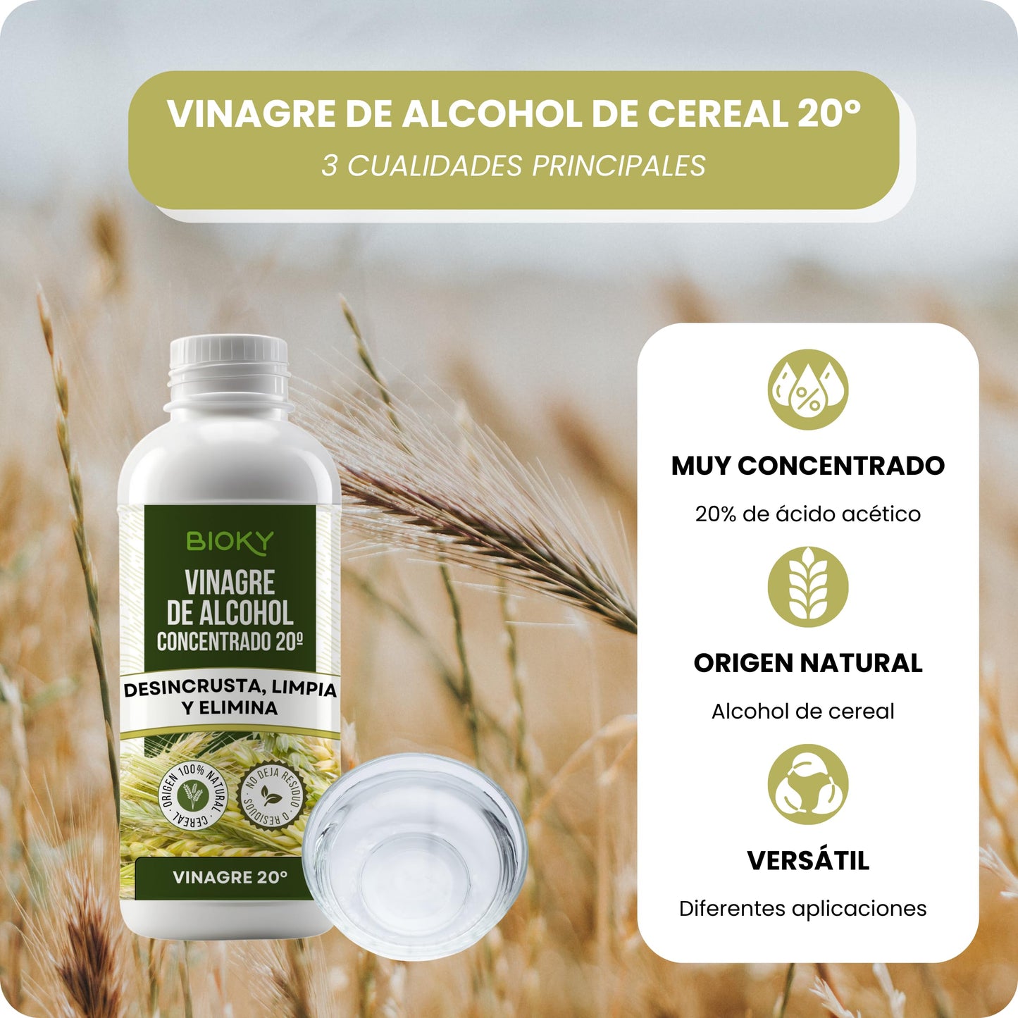 Bioky® Vinagre Concentrado al 20% - 1L – Origen Natural de Alcohol de Cereal – Sin Residuo - Acción Limpiador Profundo - Elimina Moho y Hongos (1L)
