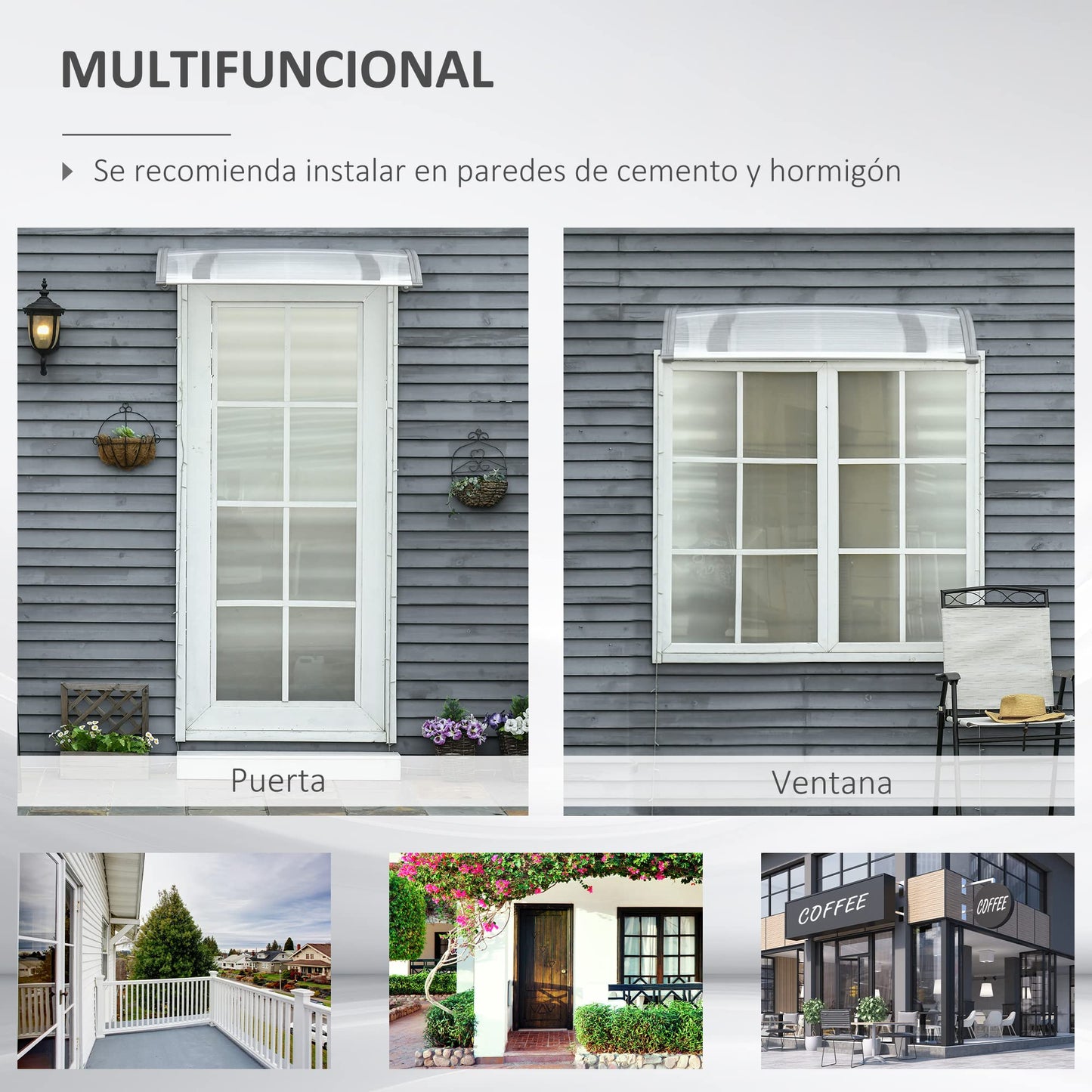 Outsunny Tejadillo de Protección 110x60 cm Marquesina Exterior para Puertas y Ventanas contra Sol y Lluvia con Soporte de PP Policarbonato Transparente