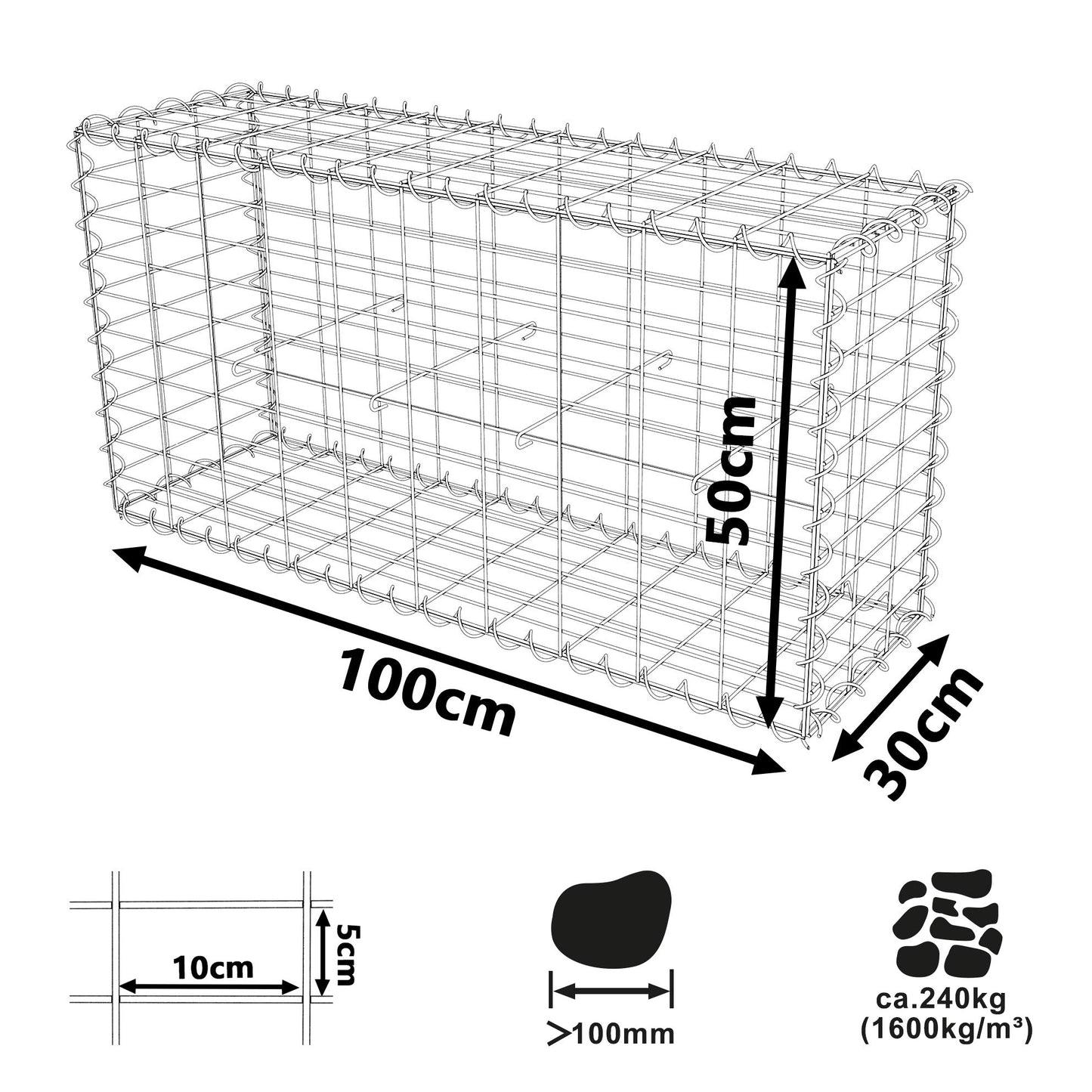 Toolerando Gavión - Cesta de piedrao, 100 x 50 x 30 cm