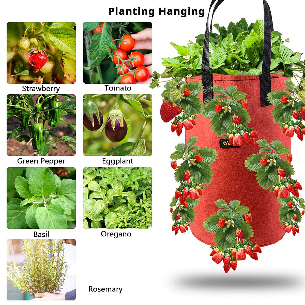 Ulikey 2Pcs Bolsas de Cultivo de Fresa, 3 Gallones Bolsa para Plantas Fresas Bolsa de Macetas Colgantes con Asas No Tejidos Transpirables con 13 Agujeros para Papas, Tomates y Fresas (2pcs - Rojo)