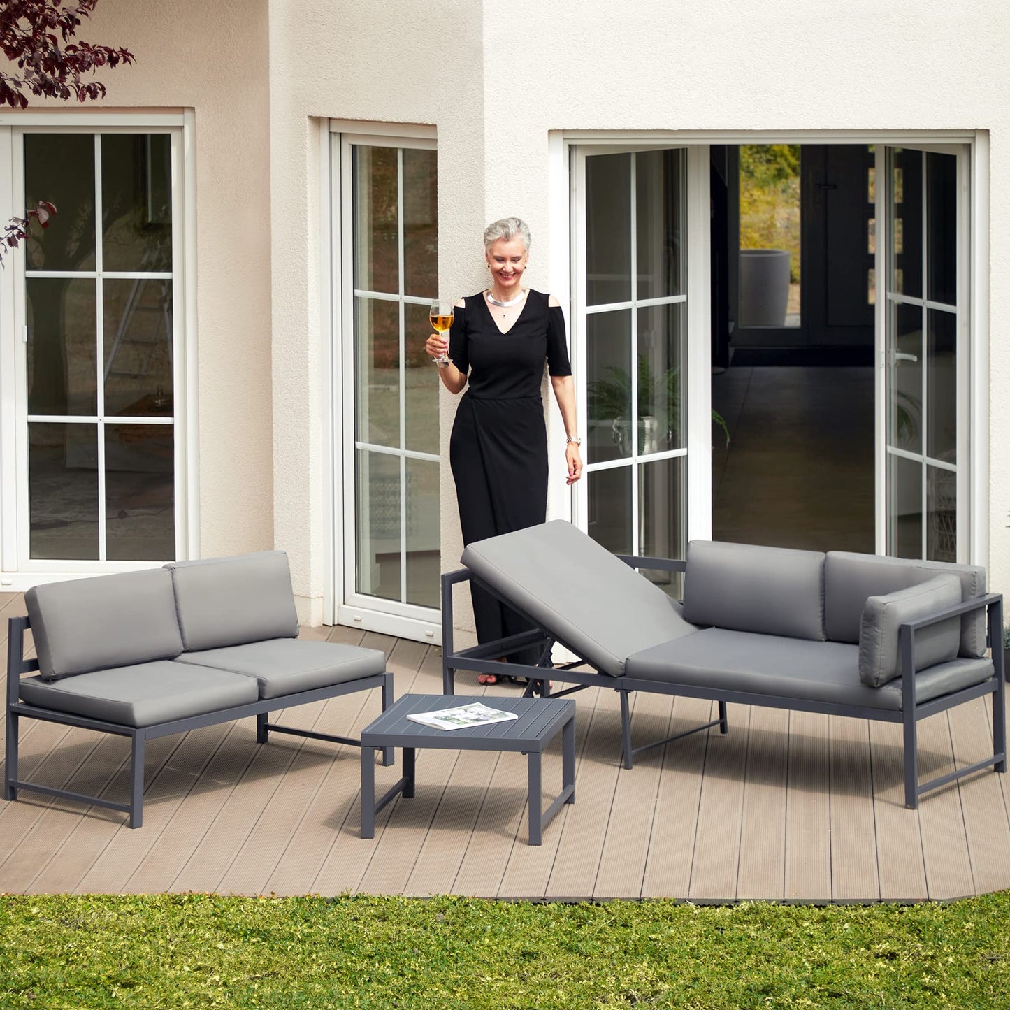 tectake® Conjunto Muebles Jardín Exterior Agrupables, 2 Sofás Reclinables con Cojines y 1 Mesa, Mesa y Sillas Terraza Impermeables y Resistentes a Intemperie, Estructura de Aluminio - Mesa con Láminas