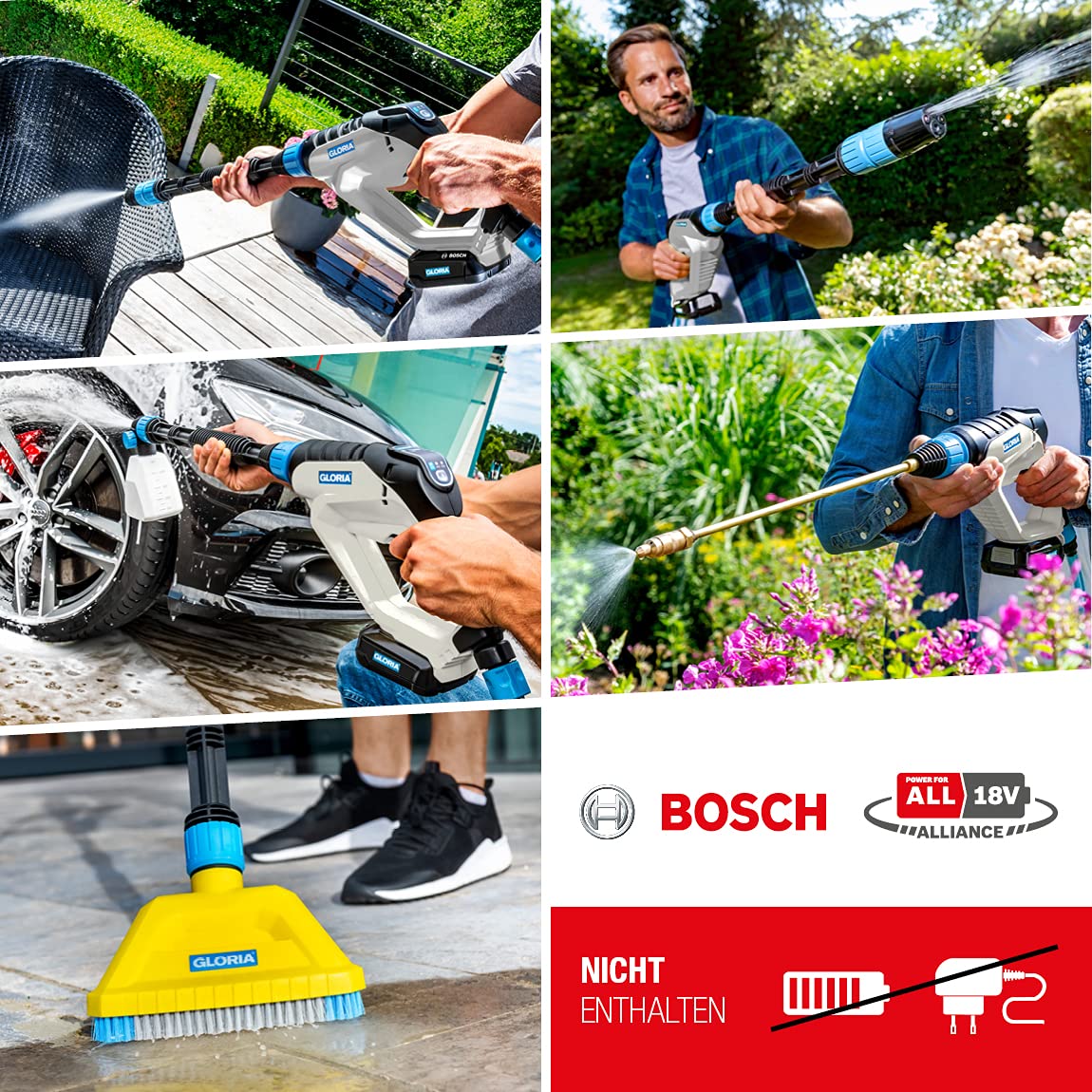 Gloria MultiJet 18 V - | Utilizable como Limpiador, Pistola de Espuma, pulverizador, Cepillo de Superficies | Boquilla 4 en 1, Lanza de 40 cm, Manguera de 5 m | Se Requiere batería Bosch 18 V