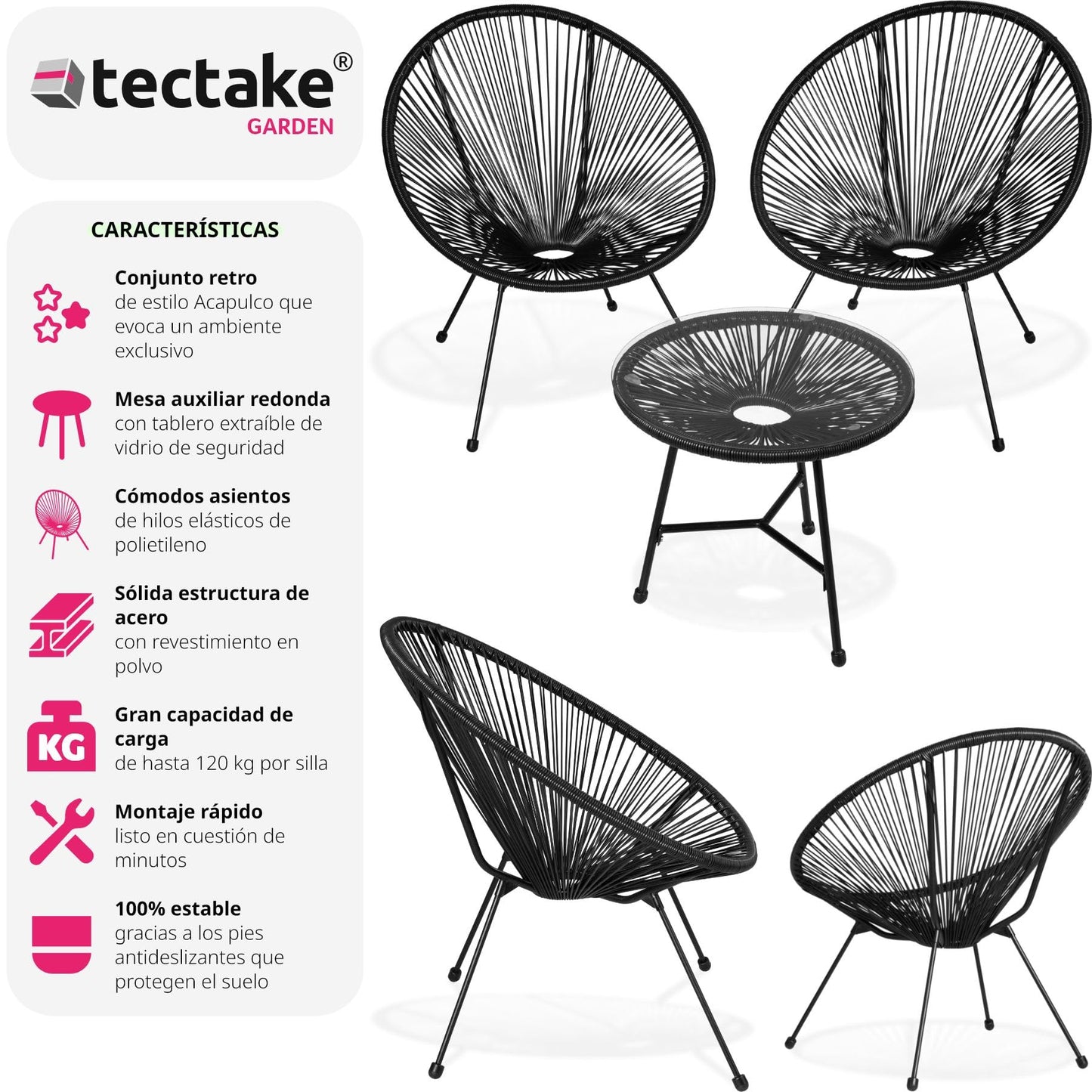 tectake® Conjunto Muebles Jardín Exterior de Acero, Estilo Acapulco, 2 Sillas y 1 Mesa con Cristal, Mesa y Sillas de Terraza Resistentes a Intemperie,Topes en Patas, para Interior y Exterior - negro