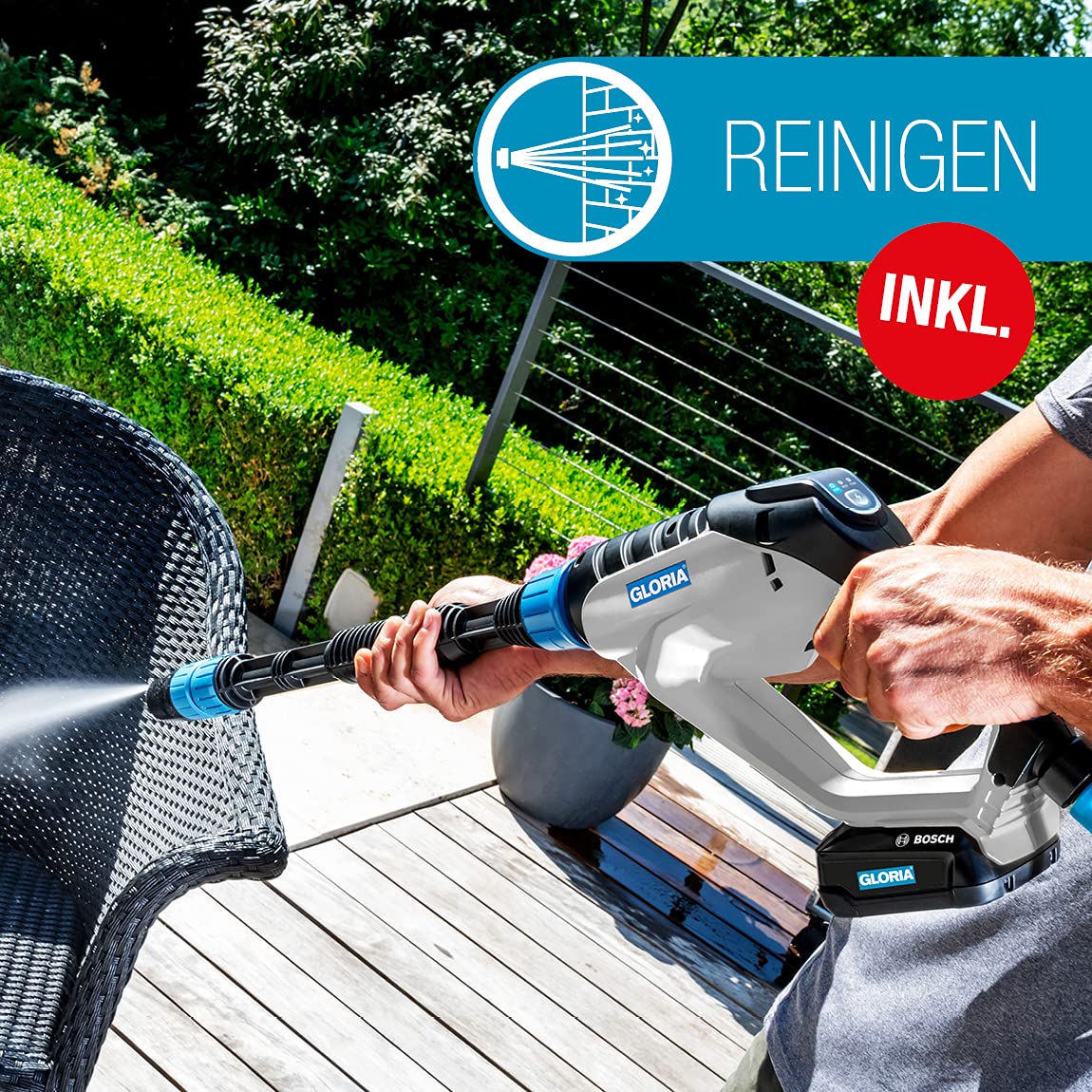 Gloria MultiJet 18 V - | Utilizable como Limpiador, Pistola de Espuma, pulverizador, Cepillo de Superficies | Boquilla 4 en 1, Lanza de 40 cm, Manguera de 5 m | Se Requiere batería Bosch 18 V