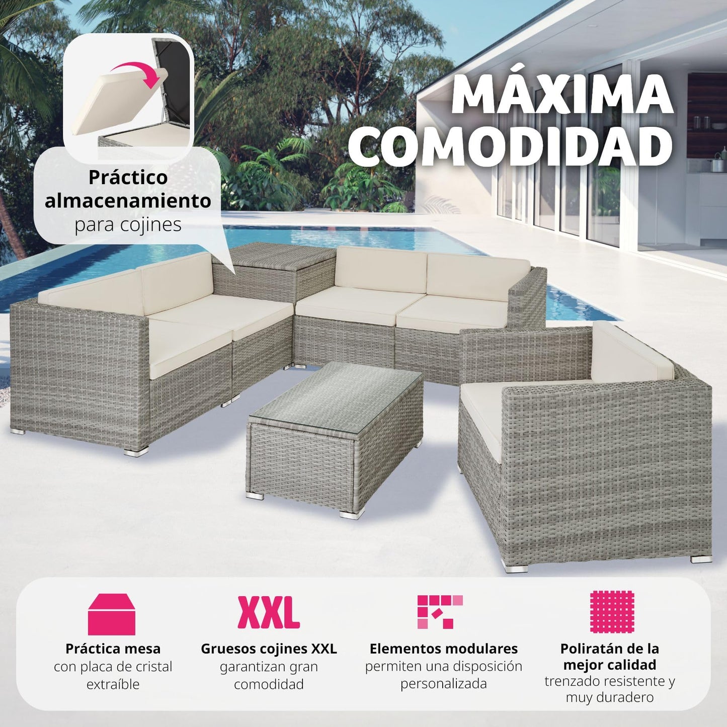 TecTake® Conjunto Jardín de Ratán, Muebles Jardín Exterior 5 Sillones, 1 Mesa Cristal, 1 Caja Almacenamiento, Conjunto Terraza Resistente a la Intemperie, con Cojines, Estructura en Acero - Gris Claro