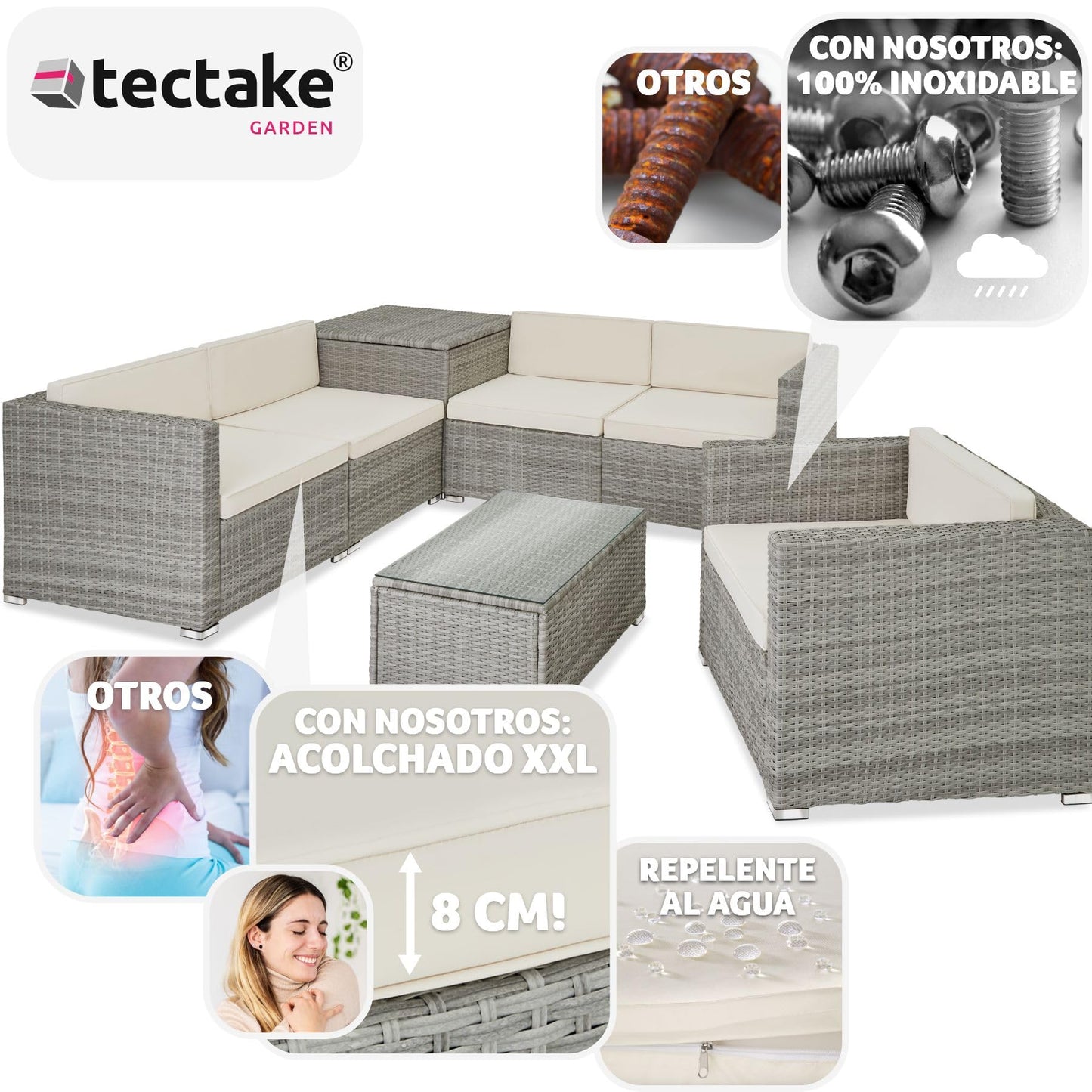 TecTake® Conjunto Jardín de Ratán, Muebles Jardín Exterior 5 Sillones, 1 Mesa Cristal, 1 Caja Almacenamiento, Conjunto Terraza Resistente a la Intemperie, con Cojines, Estructura en Acero - Gris Claro