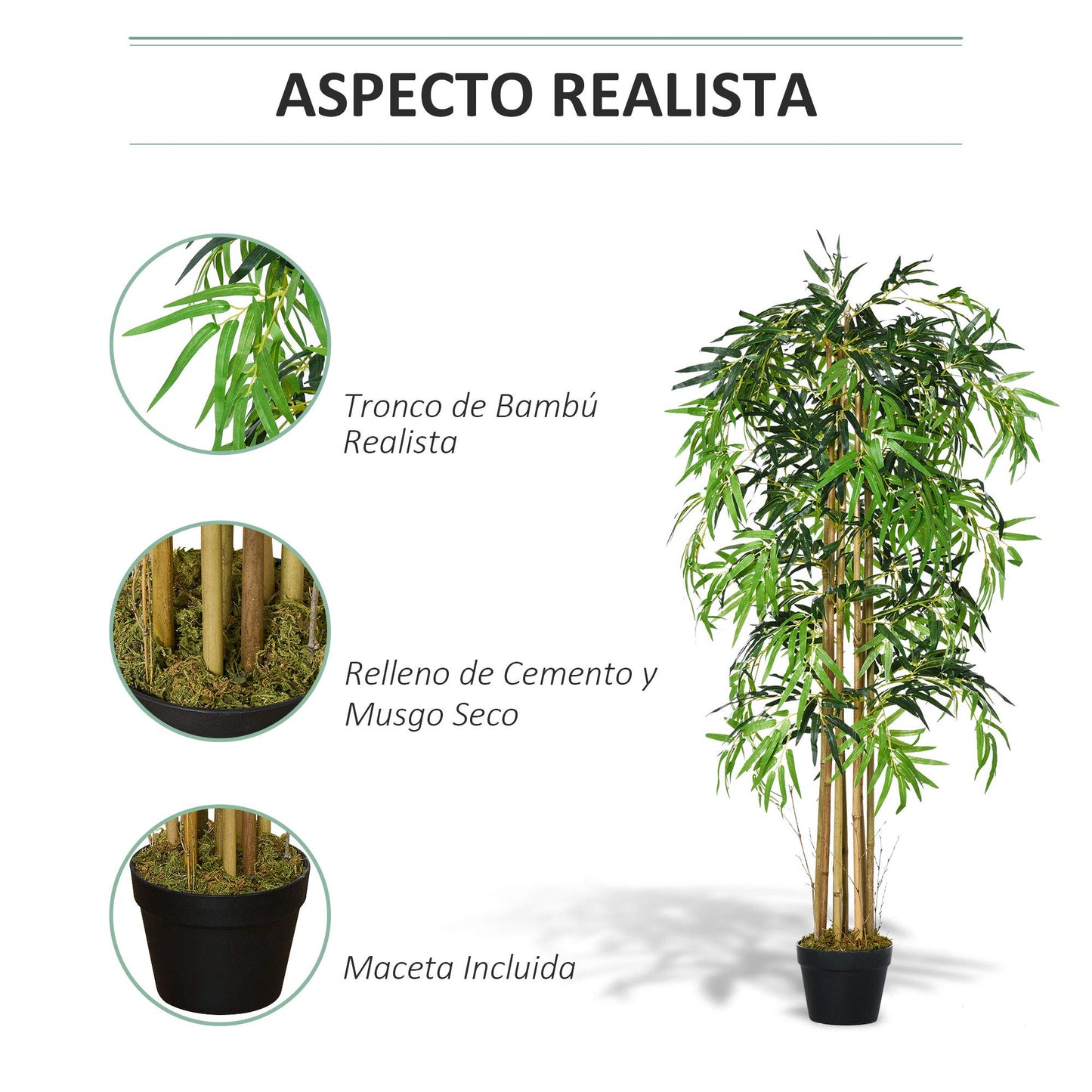 Outsunny Bambú Artificial 150cm con Maceta Árbol Planta Sintética Realista Decorativa para Casa Jardín Oficina Ø18x150 cm Verde