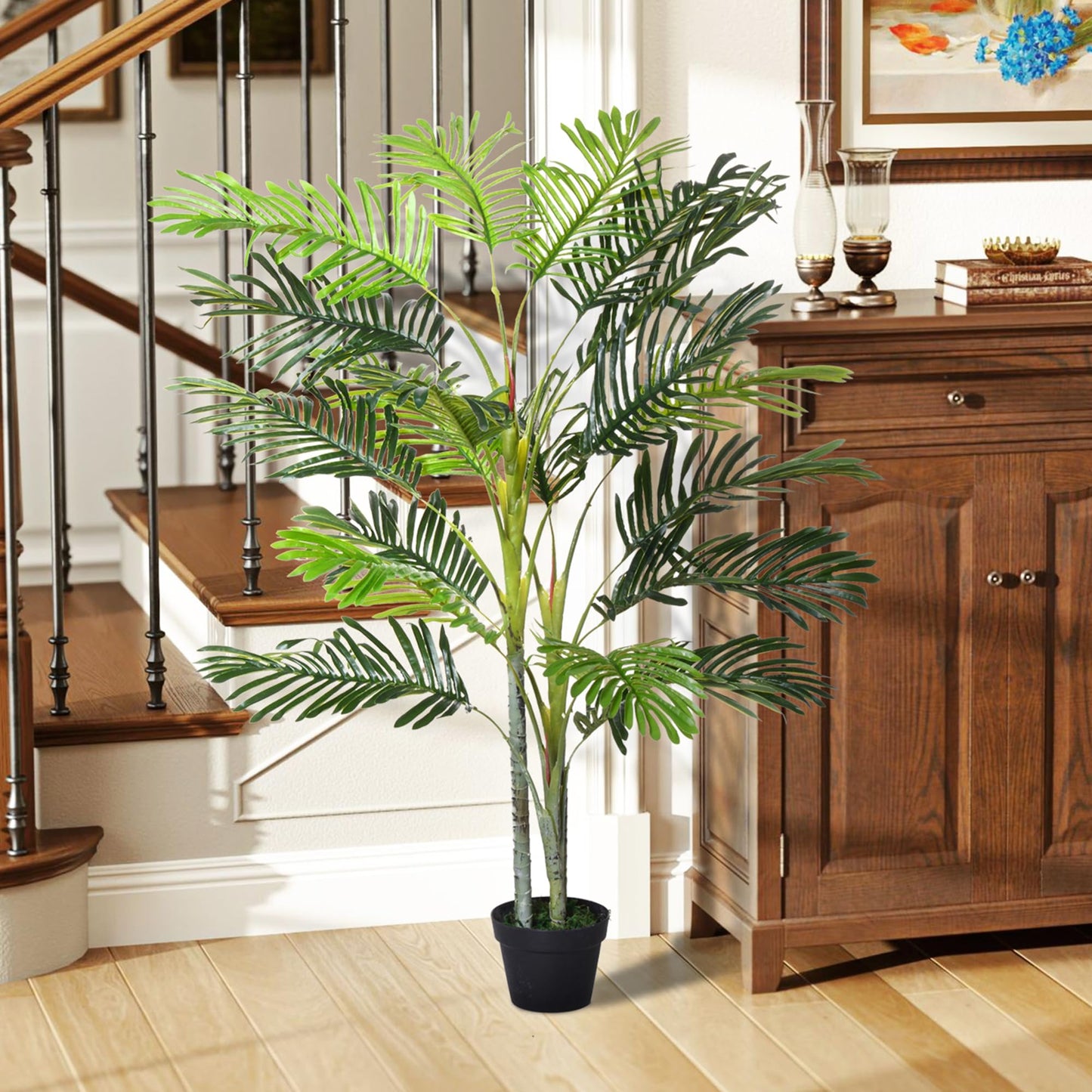 Outsunny Planta Artificial Palmera 150 cm Árbol Artificial con Maceta y Musgo para Decoración Interior Salón Oficina Balcón Ø18x150 cm Verde