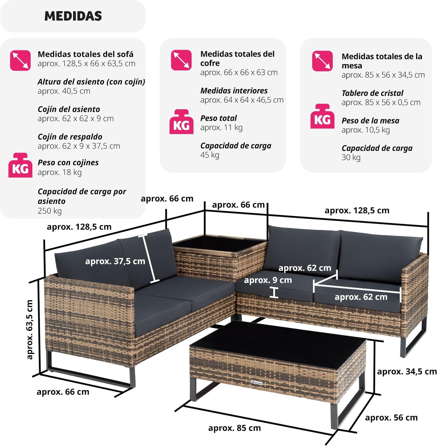 tectake® Conjunto Jardín de Ratán con Cojines Gruesos, Muebles Jardín Exterior 2 Sofás, 1 Mesa Cristal, 1 Caja Almacenamiento, Conjunto Terraza Resistente a la Intemperie, Estructura Acero - natural