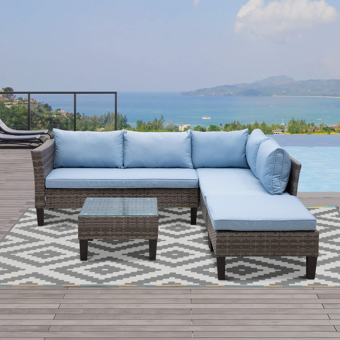 Outsunny Conjunto de Jardín de Ratán Sintético de 4 Piezas Muebles de Jardín con 2 Sofás de 2 Plazas 1 Mesa de Centro y Cojines Anti-UV para Patio Terraza Gris y Azul