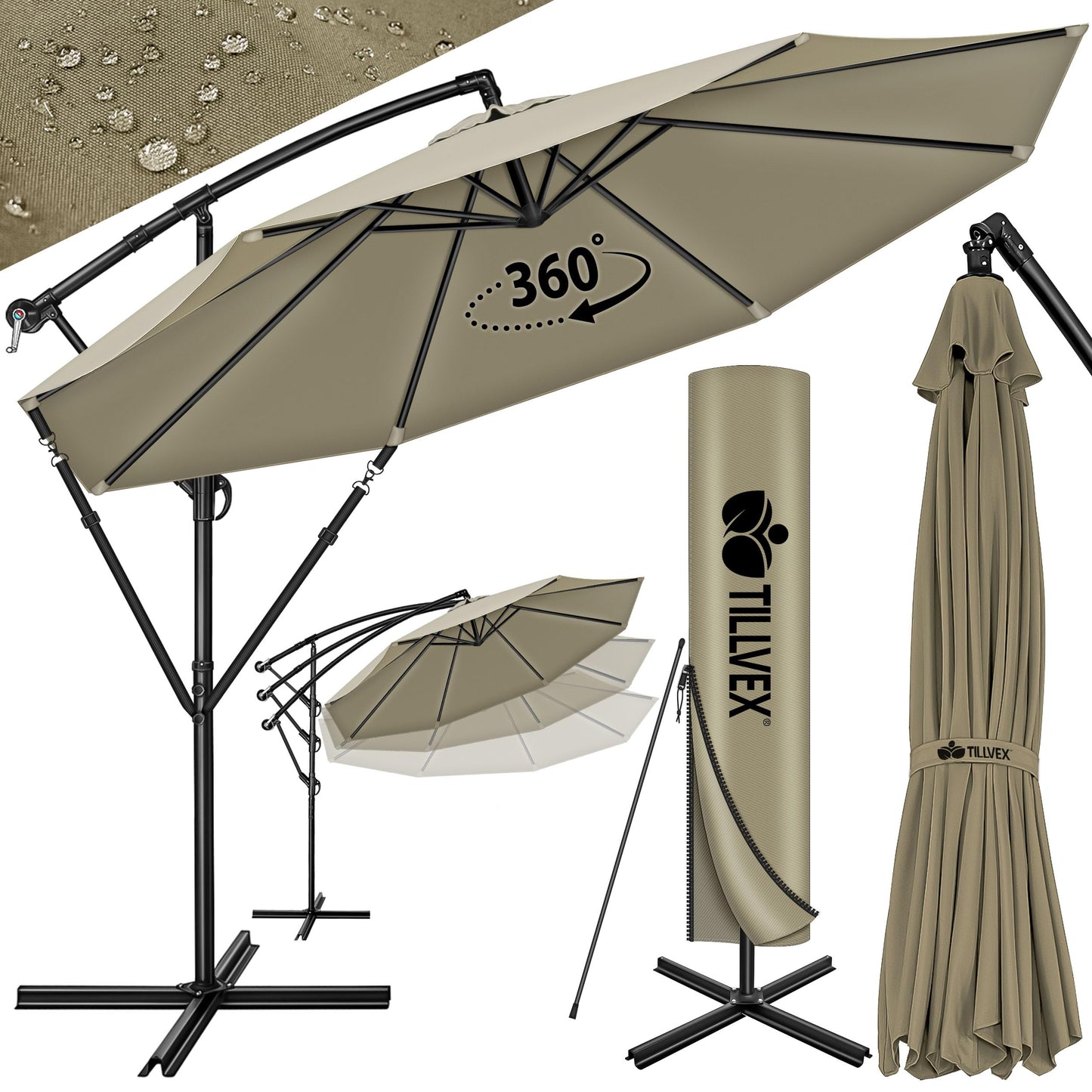 tillvex 300 cm Sombrilla Excentrico con Manivela, Funda y Protectora de cabrestante | Parasol para Terraza Jardín Balcón Patio | Giratorio 360º, Protección UV