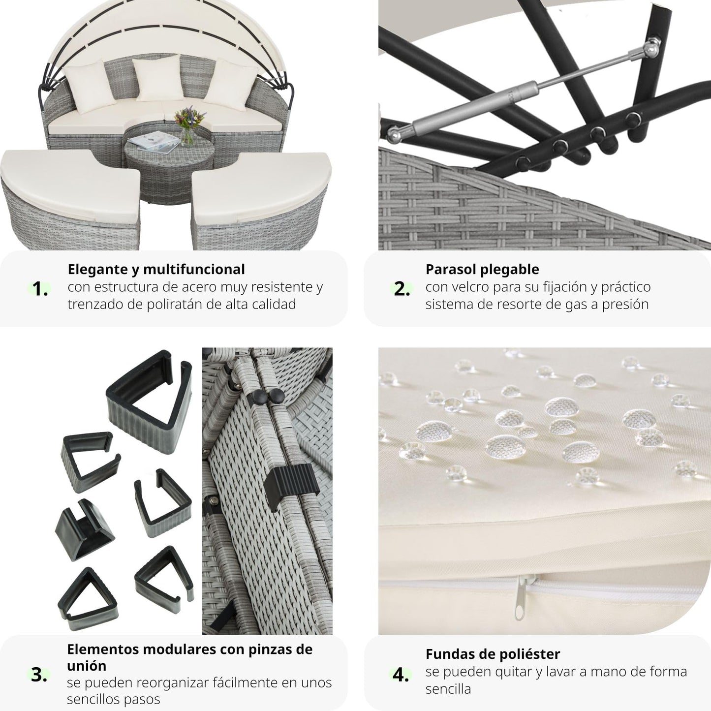 TecTake® Isla de Ratán con Cojines, Conjunto Jardín con Toldo Corredizo Plegable, Muebles Jardín Exterior con Estructura en Acero y Resistente a la Intemperie, Conjunto Terraza Combinable - Gris Claro