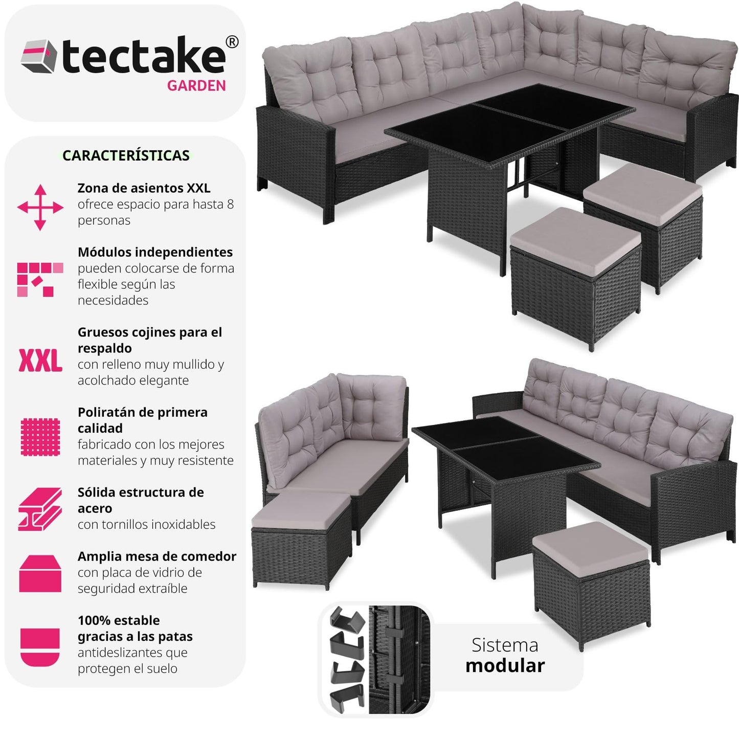 TecTake® Conjunto Jardín de Ratán con Mesa y Cojines, Conjunto Terraza Resistente a la Intemperie y Combinable, Muebles Jardín Exterior 5 Piezas, Sofá de Esquina, 2 Taburetes y 1 Mesa, Acero - Negro