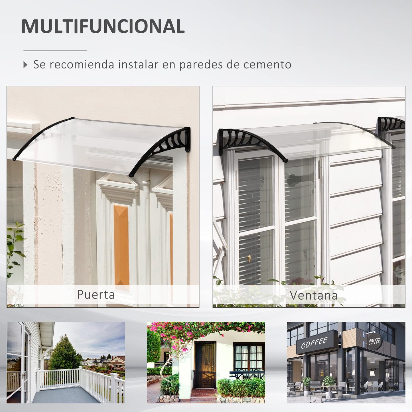 Outsunny Tejadillo de Protección contra Sol y Lluvia Marquesina para Puertas de Exterior Marquesina de Techo Diseño Moderno Aleación de Aluminio Duradero 122x89x24 cm Transparente